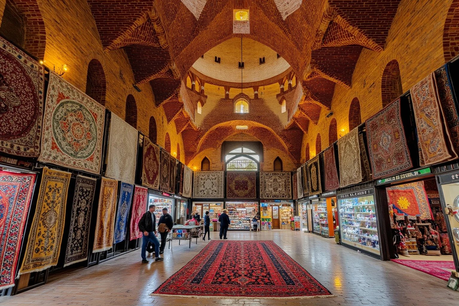 Interior of the domed Great Bazaar of Tabriz with brick vaulted ceilings and merchants displaying rugs and goods