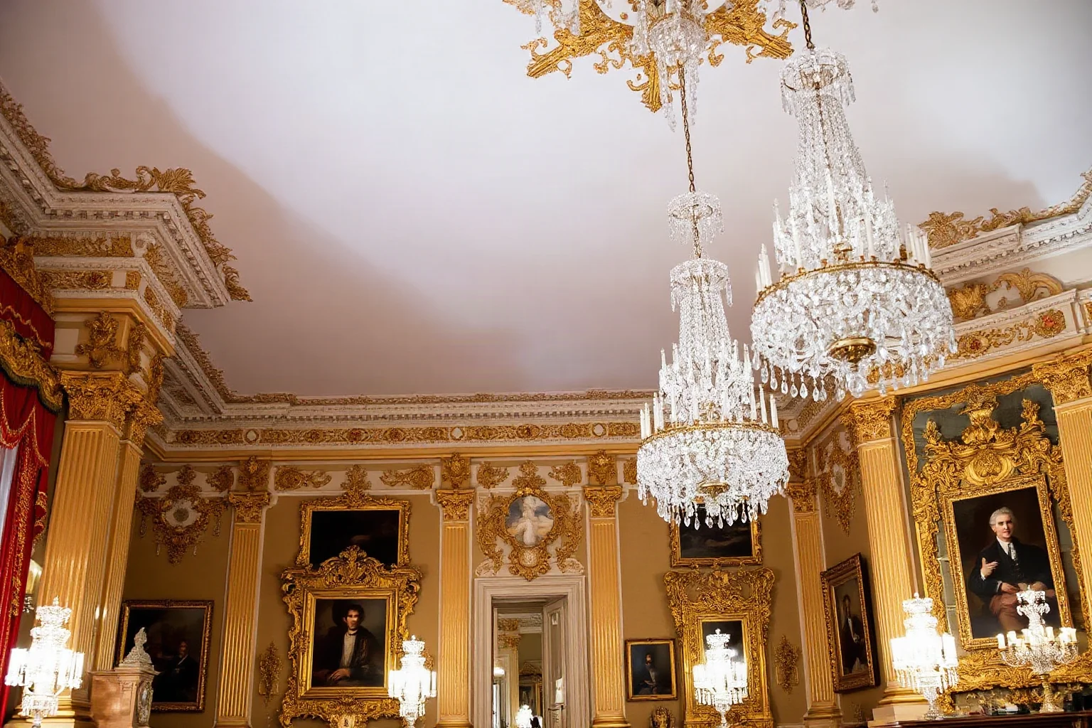 Interior of the Royal Palace of Madrid showing ornate gilt rooms with crystal chandeliers and royal furnishings