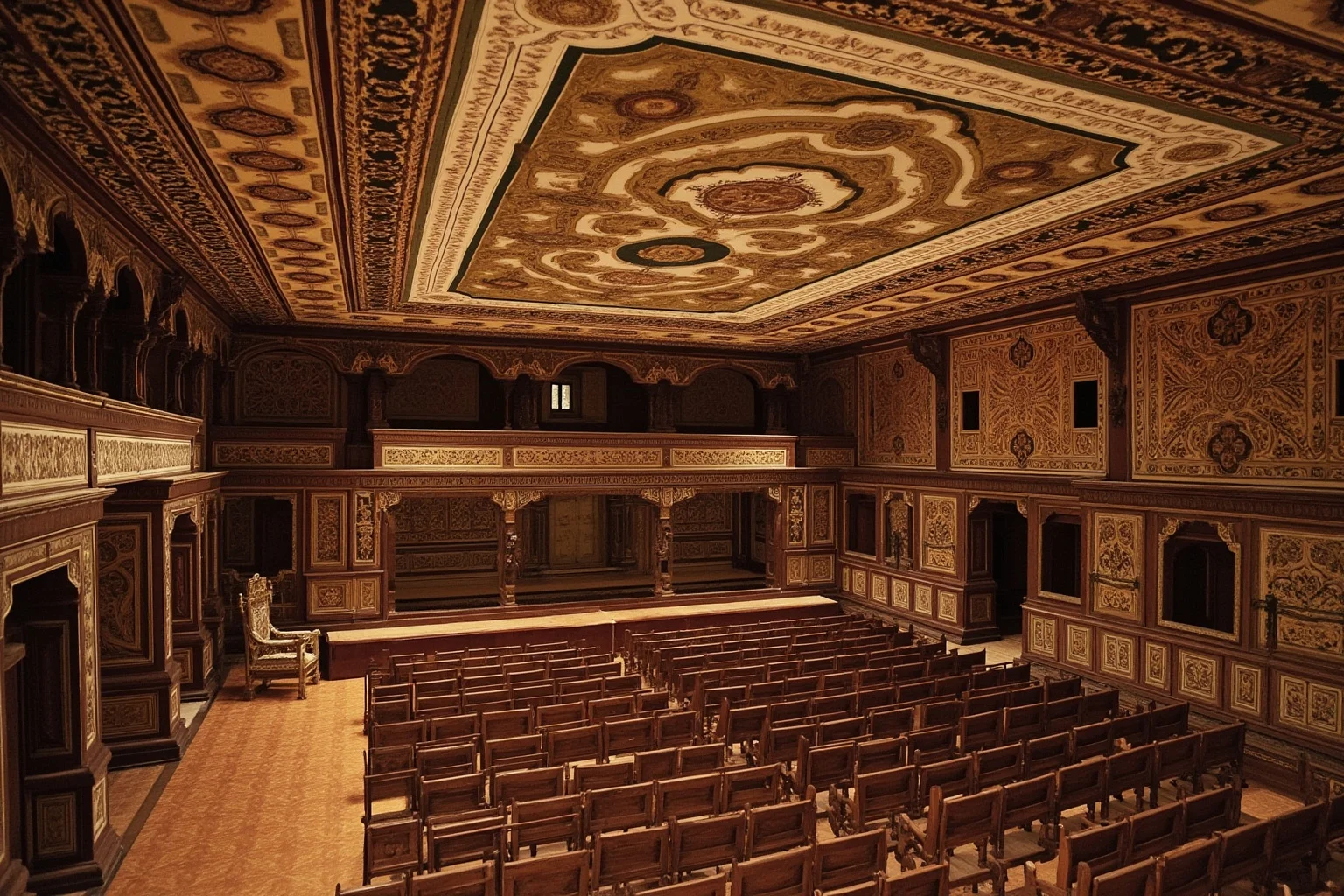 Interior of the small Renaissance Teatro all'antica in Sabbioneta Italy with ornate painted ceiling and wooden benches