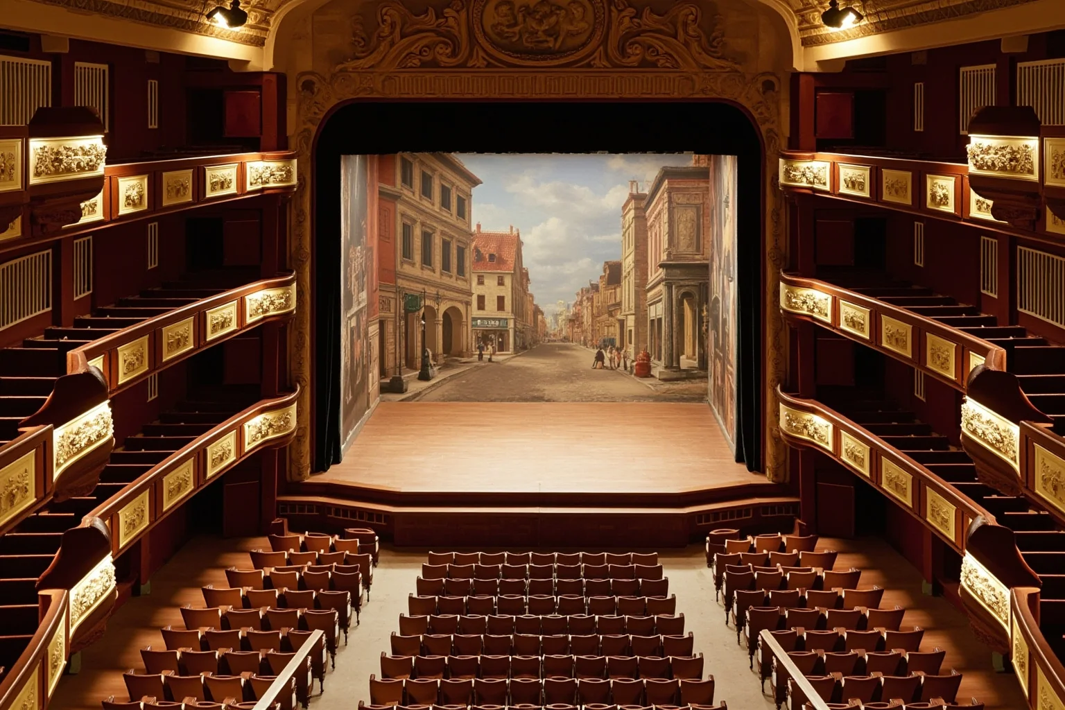 Interior of the Teatro Olimpico in Vicenza Italy showing wooden tiered seating and painted classical street scene set