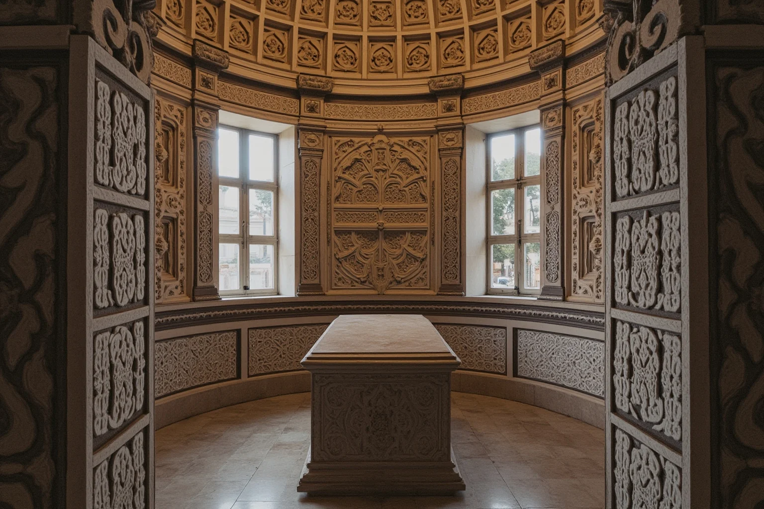 Interior view of two ornate marble tombs inside a domed chamber, one centered and one slightly offset