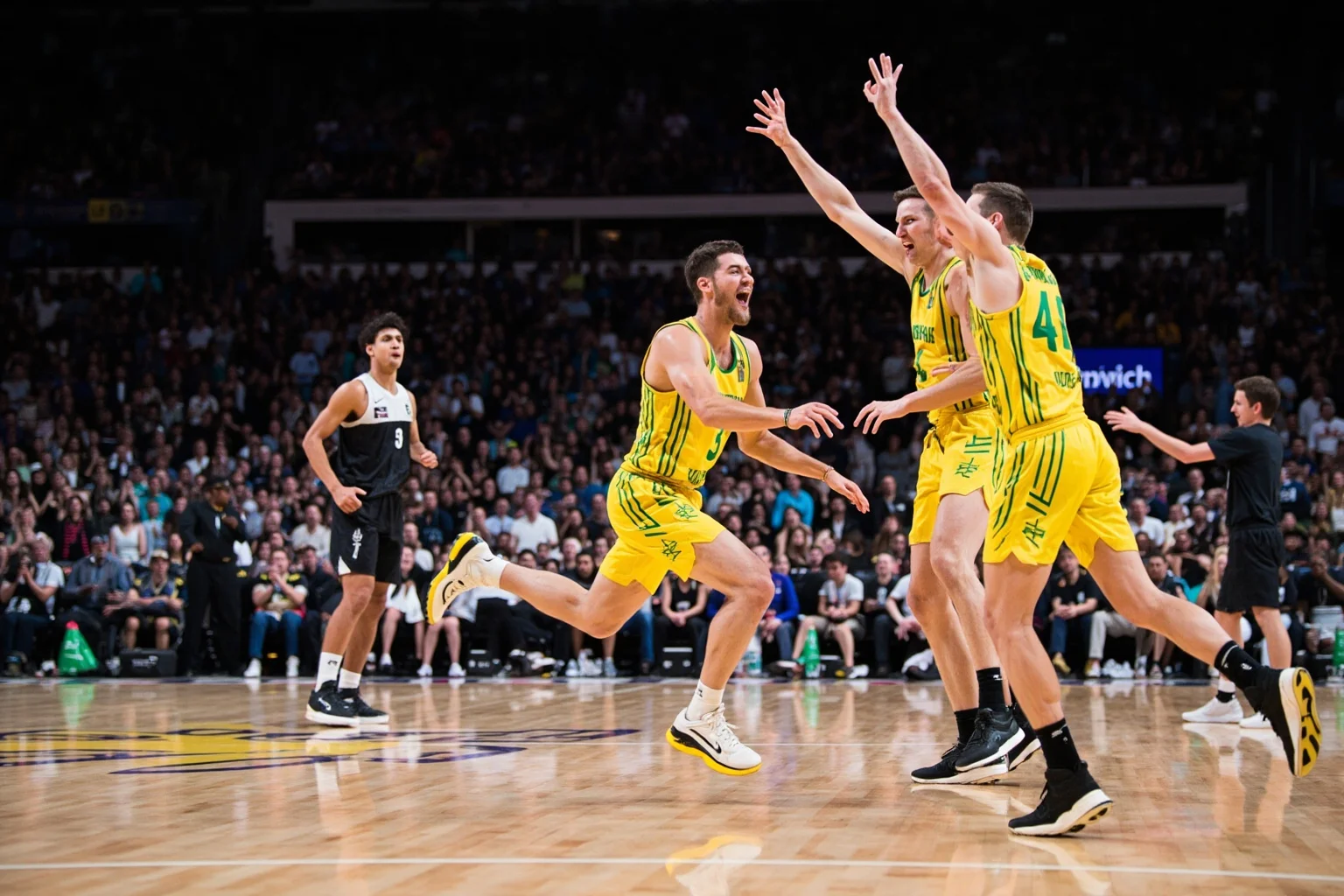 Biggest Blowouts in Sports History 10 International basketball exhibition game, one team's players celebrating a huge scoring run in a packed arena