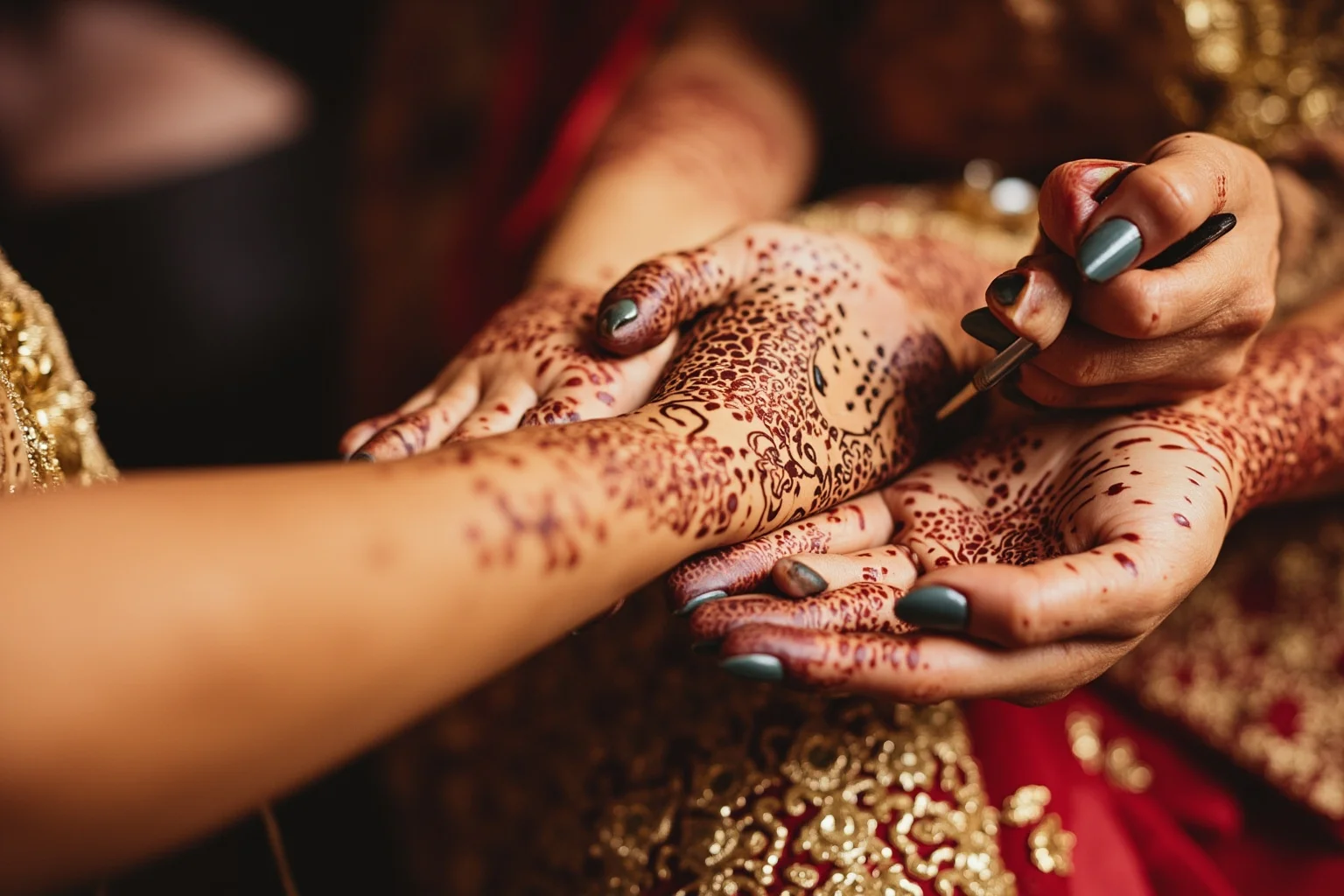 Intricate henna designs being painted onto a bride's hands the night before a wedding