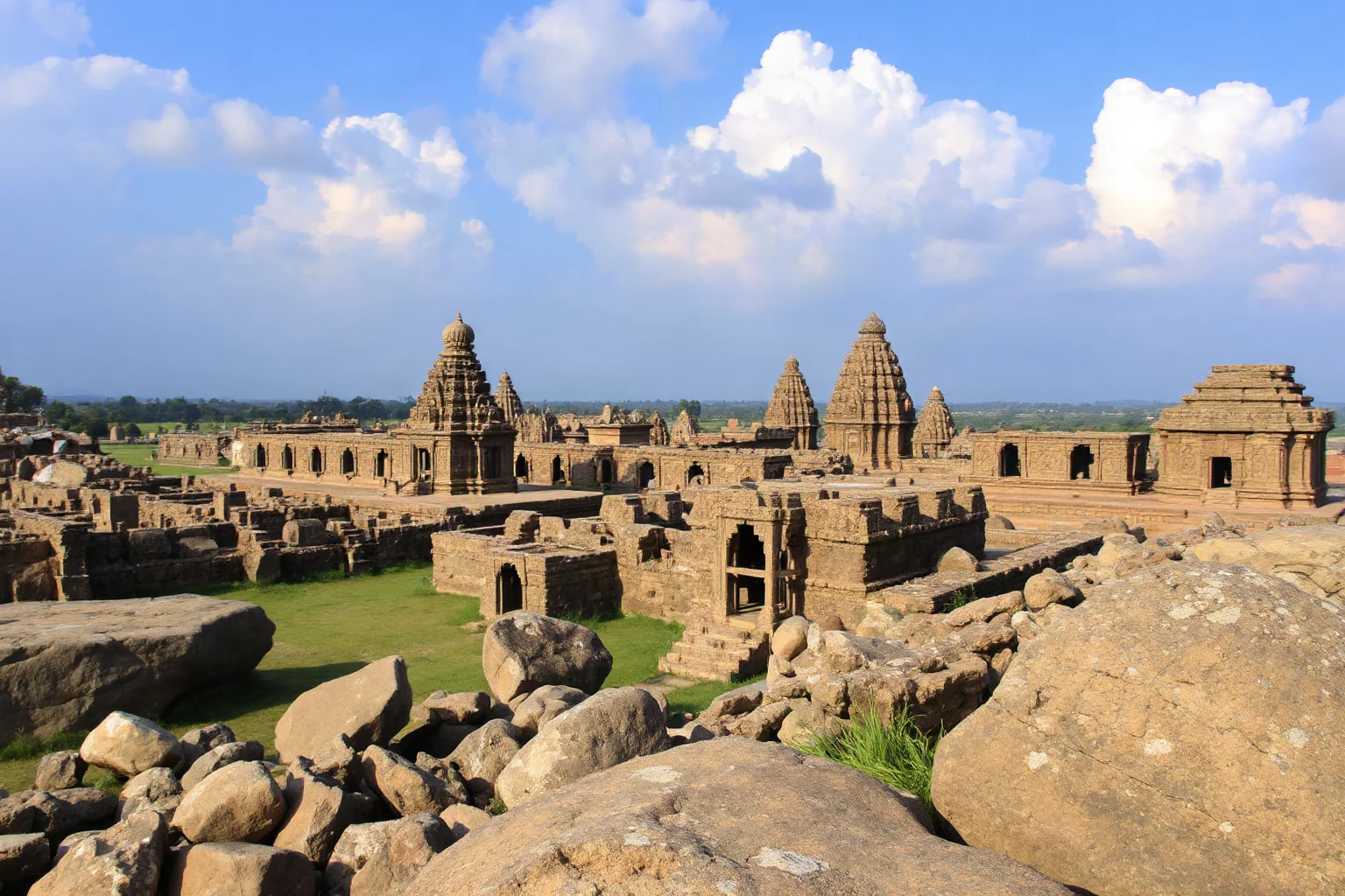 Intricate temple ruins of Vijayanagara Hampi scattered across boulder-strewn landscape with ornate carved stone structures