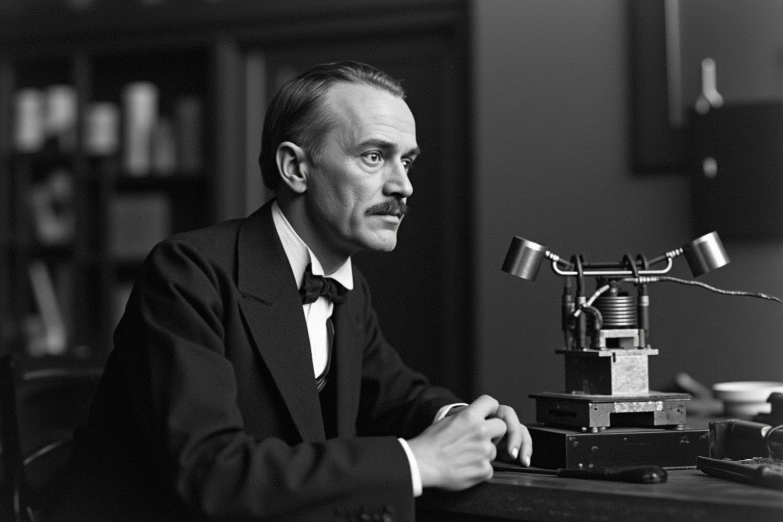 Inventor in late 1800s laboratory with electrical coils and experimental apparatus