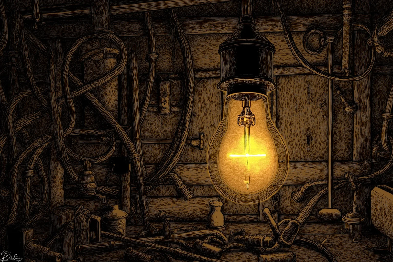 Inventors Who Stole Genius Ideas And Got All Glory 2 Vintage-style illustration of an old incandescent light bulb glowing in a 19th-century workshop filled with tools and wires