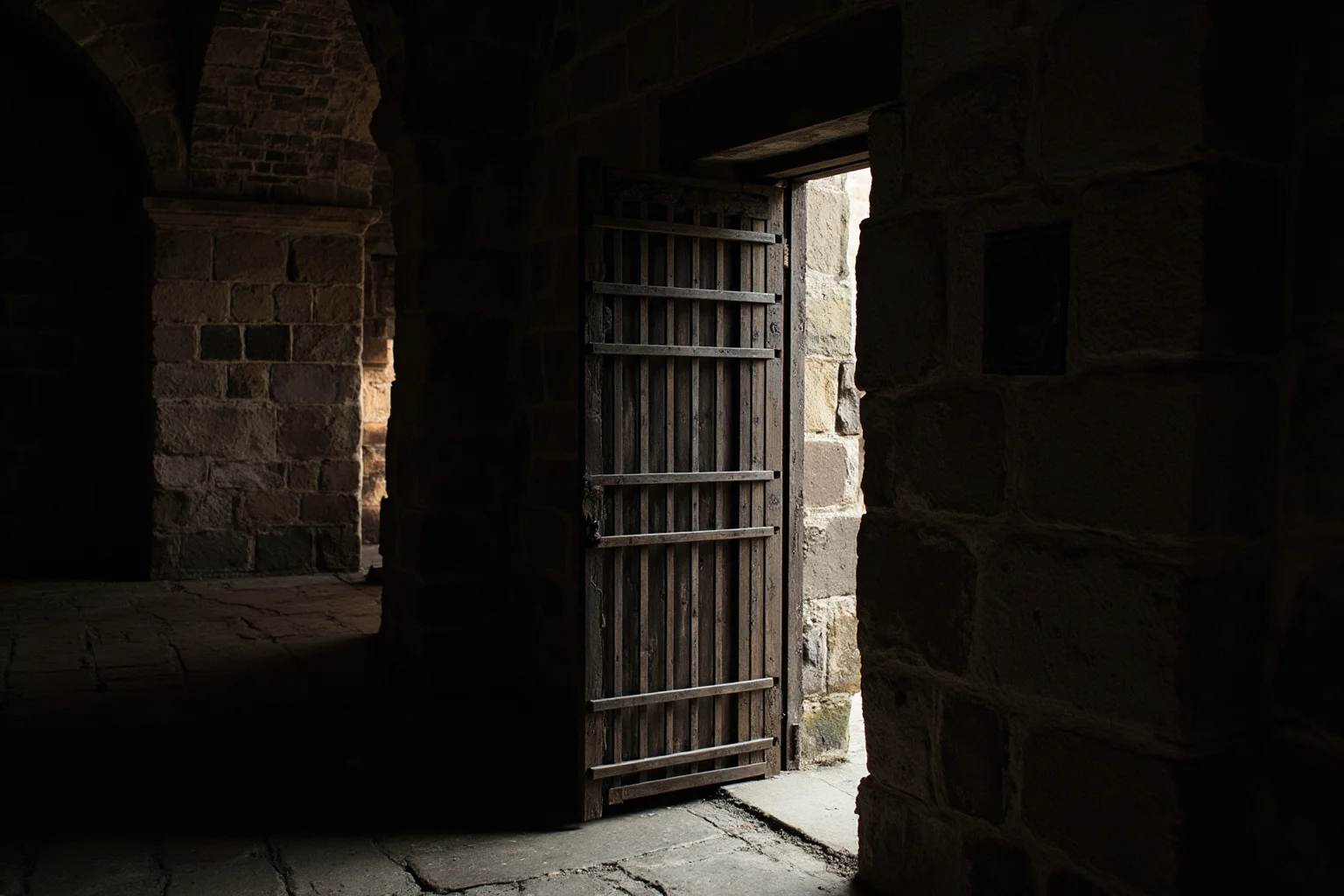 Iron barred cell door in a medieval stone courthouse corridor, dim torchlight, heavy wooden door ajar