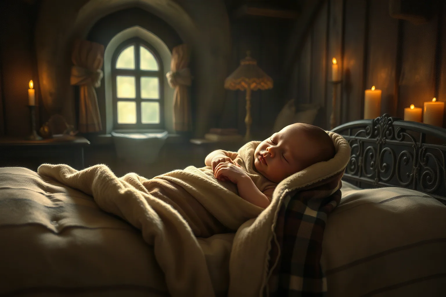 A tiny premature newborn wrapped in blankets in a dim 17th-century English farmhouse bedroom, candlelight, historical illustration style