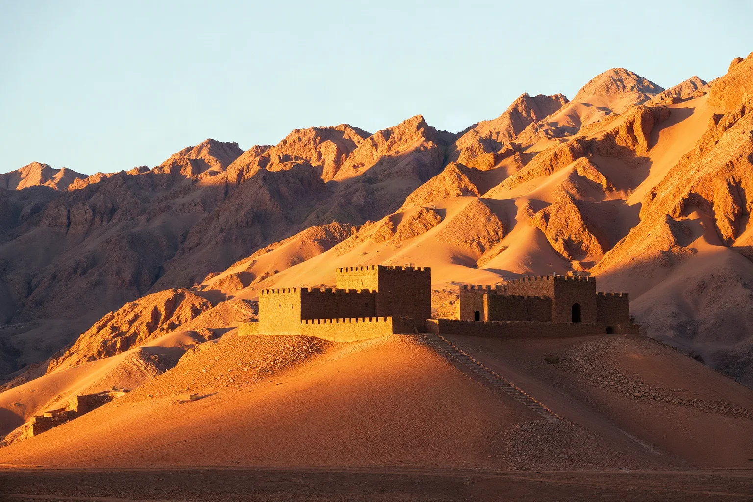 Isolated desert monastery surrounded by high stone walls at the base of rugged mountains, dawn light, wide landscape photo