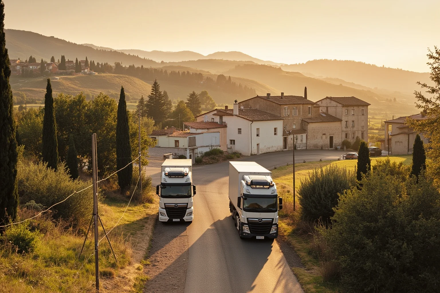 Italian countryside dairy factory exterior with delivery trucks, warm European daylight