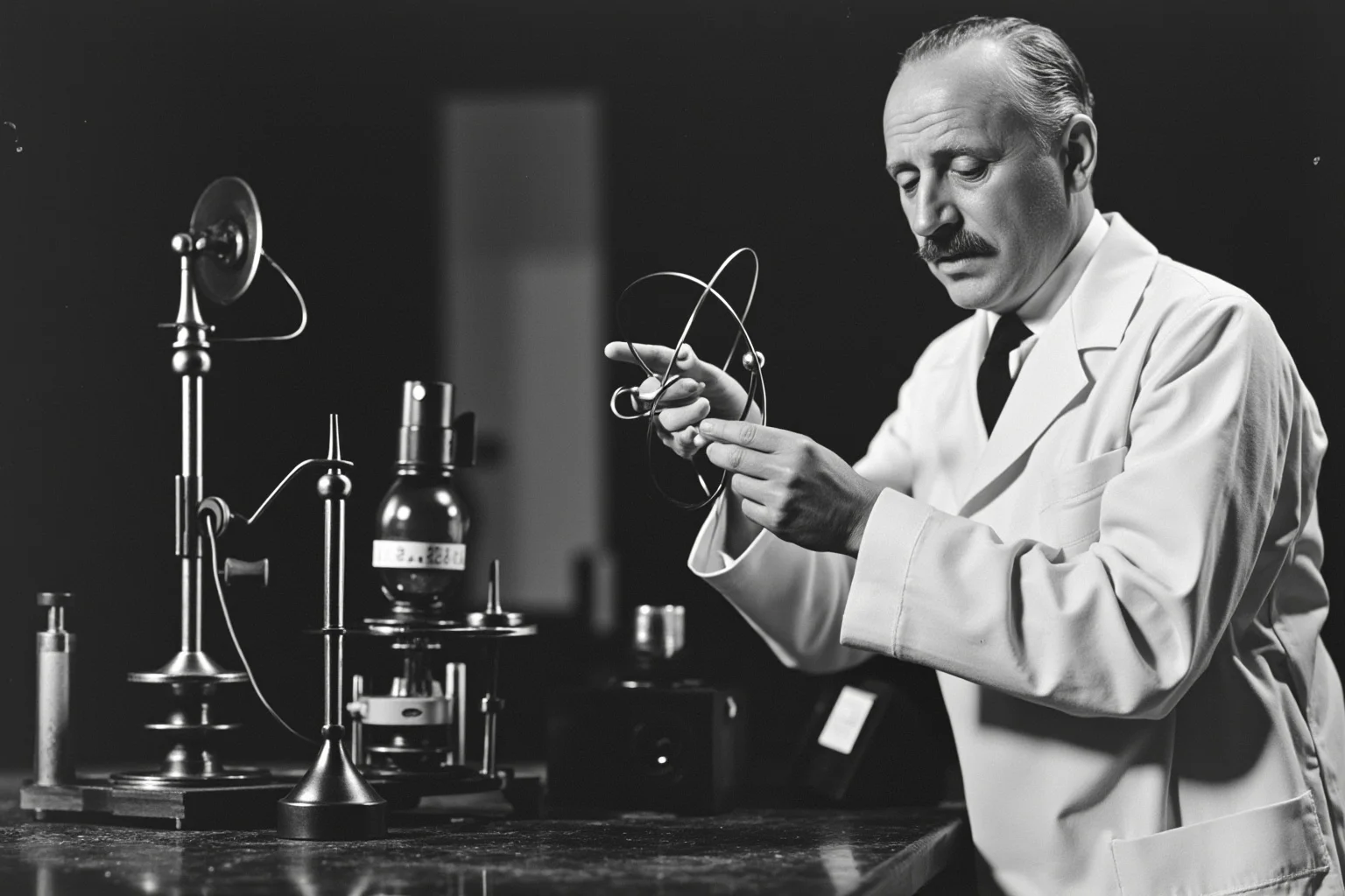 Italian physicist in 1930s laboratory coat working with scientific equipment and atomic model