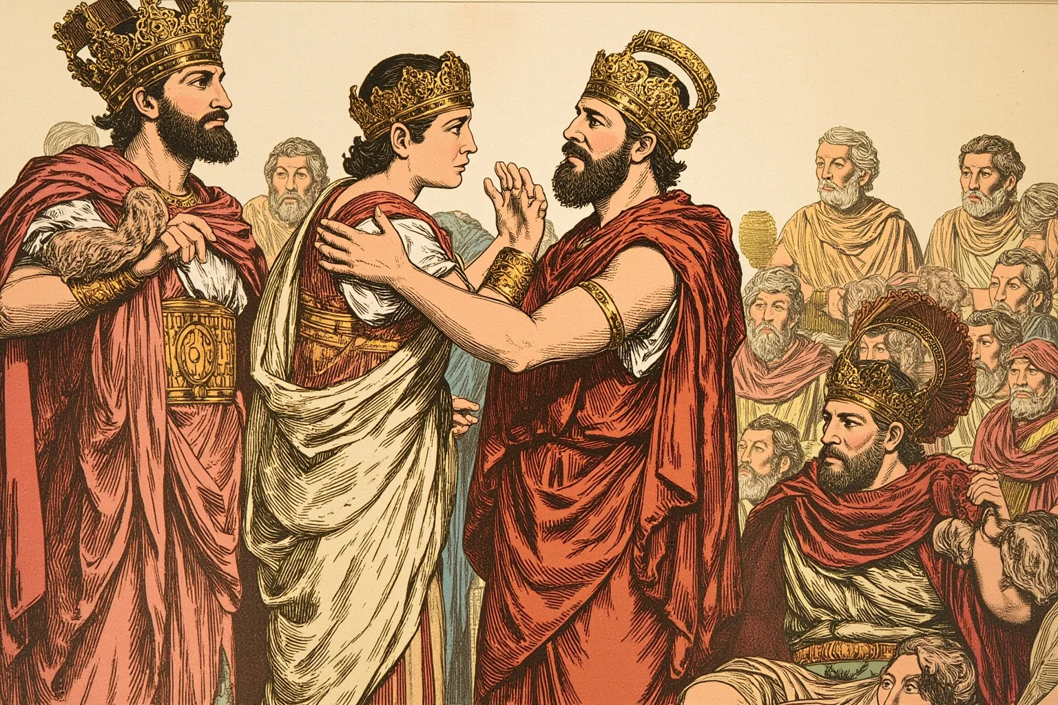 It's In The Name: Why Alexander The Great Is Considered History's Greatest General 2 Illustrated ancient Macedonian coronation scene with a young king receiving a ceremonial crown, historical art style, not photorealistic