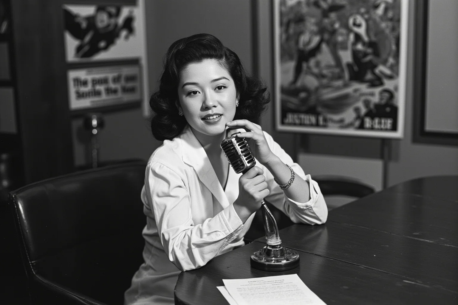 The Most Shameless Traitors of All Time 8 Japanese-American woman at a radio microphone during WWII, studio setting with propaganda posters