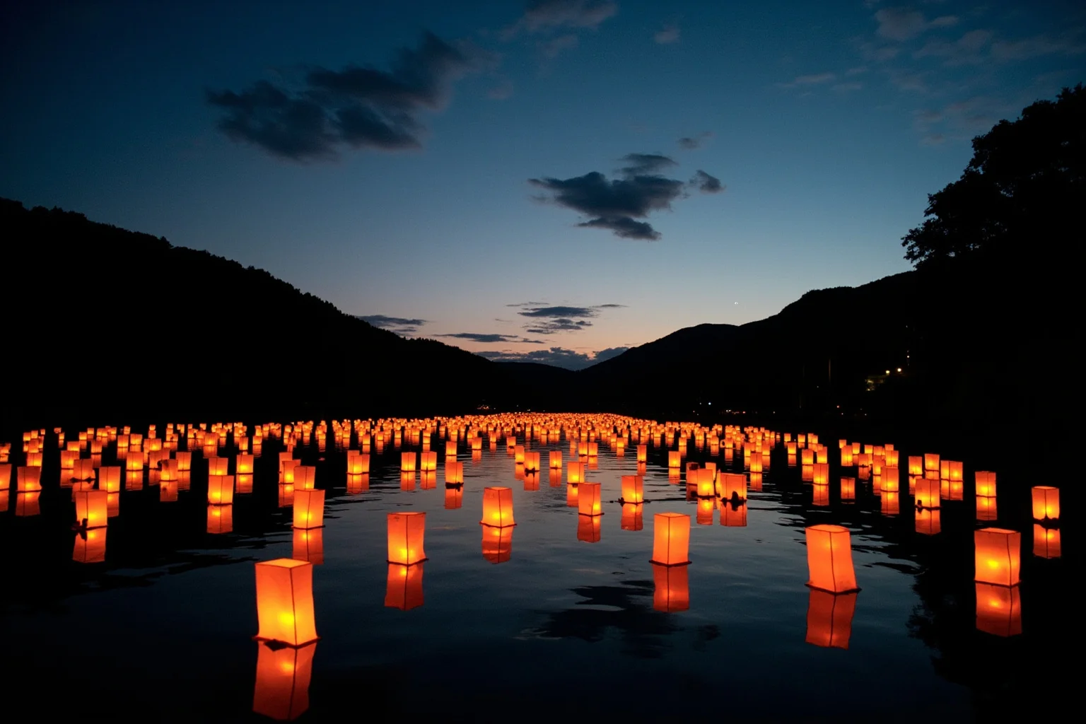 Japanese lanterns floating on a river at dusk during a summer ancestor-honoring festival