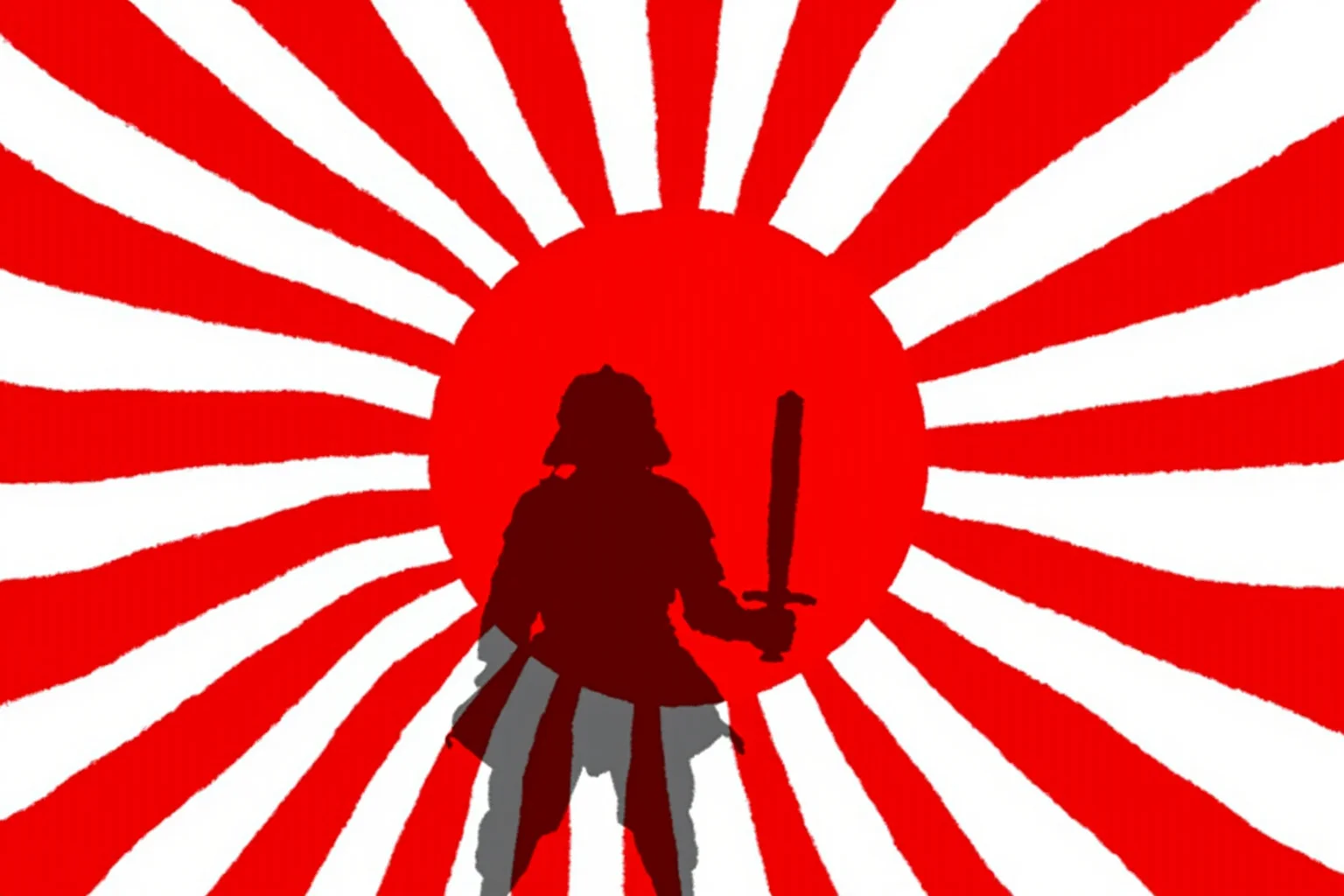 Japan's Hinomaru flag, red sun disc on white background, with a subtle ancient samurai banner silhouette behind it