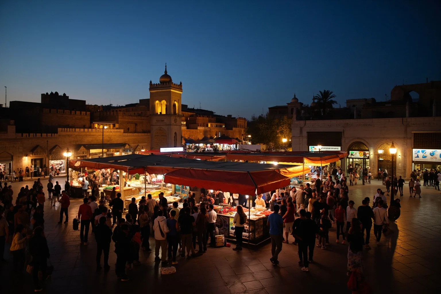 Jemaa el-Fnaa square in Marrakech at dusk with food stalls, lantern light, and gathering crowds near the souk entrance