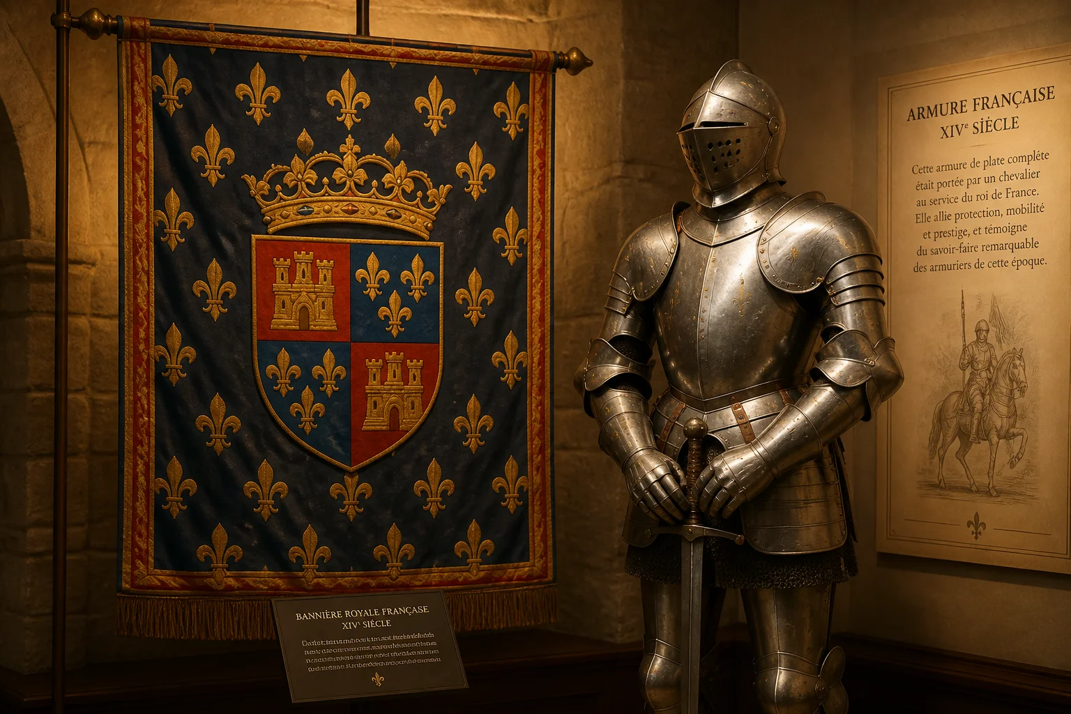 Medieval French banner and armor displayed in a museum-style setting, warm lighting, historical illustration style