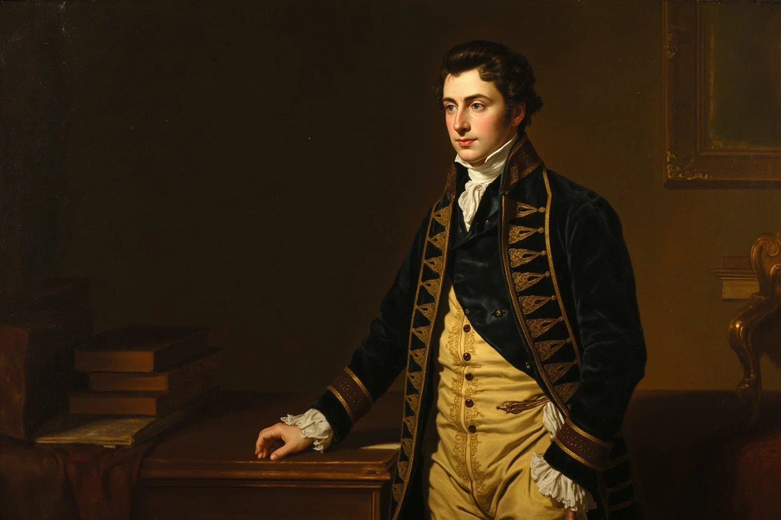 John Montagu, the Earl of Sandwich Who Popularized Our Favorite Lunch Food 2 Painterly 18th-century-style portrait of a young English nobleman in formal period dress, standing in an aristocratic study, non-photorealistic illustration