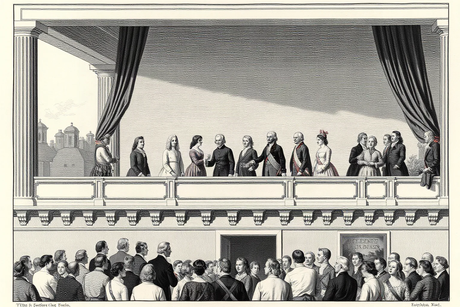 A dignified 18th-century inauguration scene on a balcony with a crowd below, painted in a classic historical illustration style, no identifiable real faces