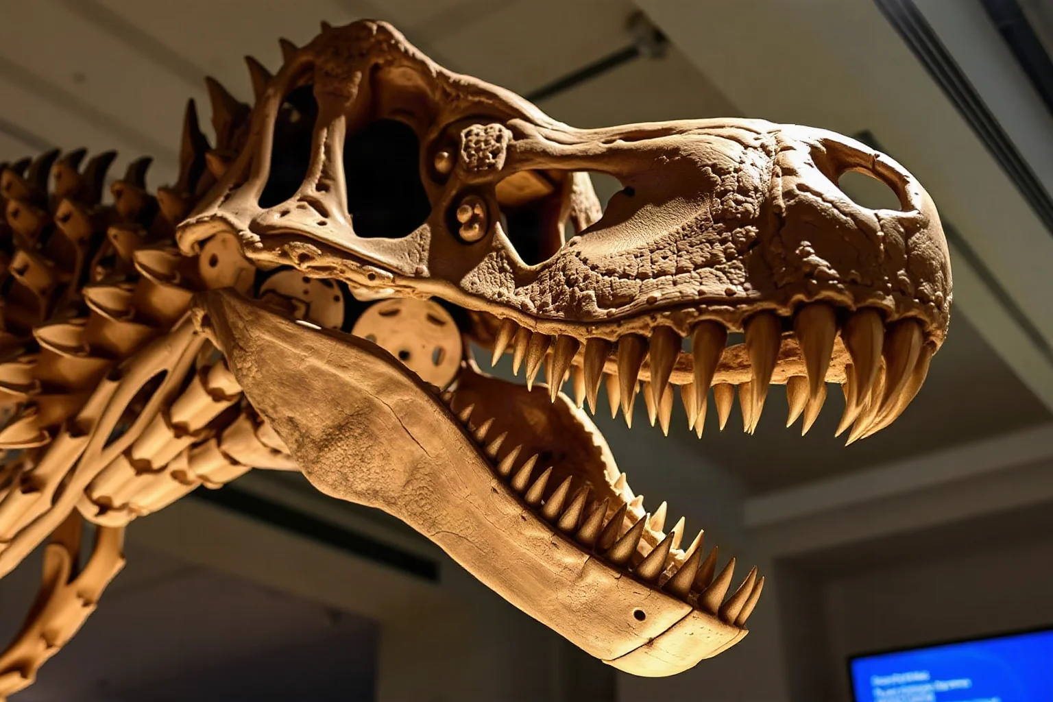 Close-up illustration of a Tyrannosaurus rex skull fossil on display, museum lighting, dramatic angle