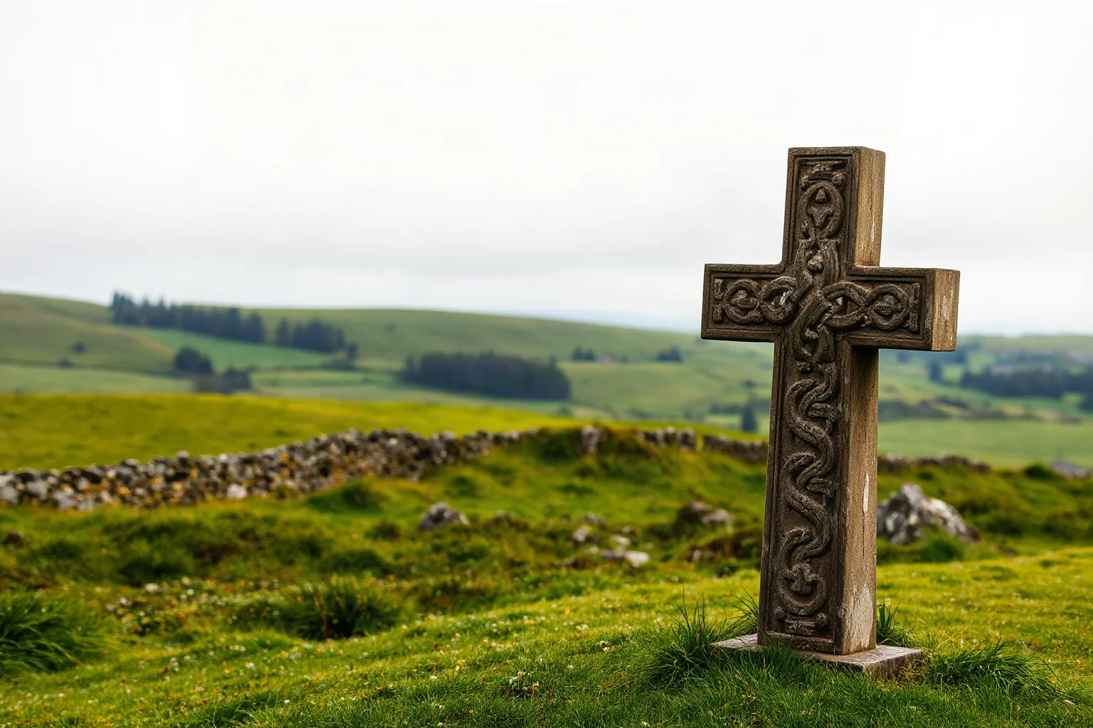 A weathered stone Celtic cross on a green Irish hillside, symbolizing early Christian Ireland, no real people depicted