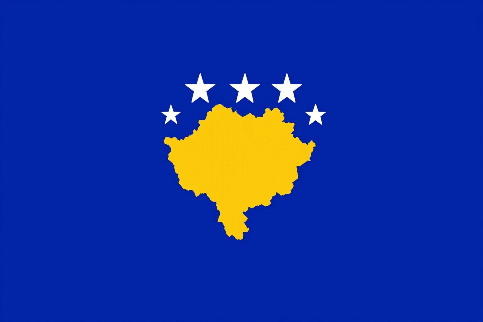 Kosovo's blue flag with a gold silhouette map and six white stars, modern minimalist illustration