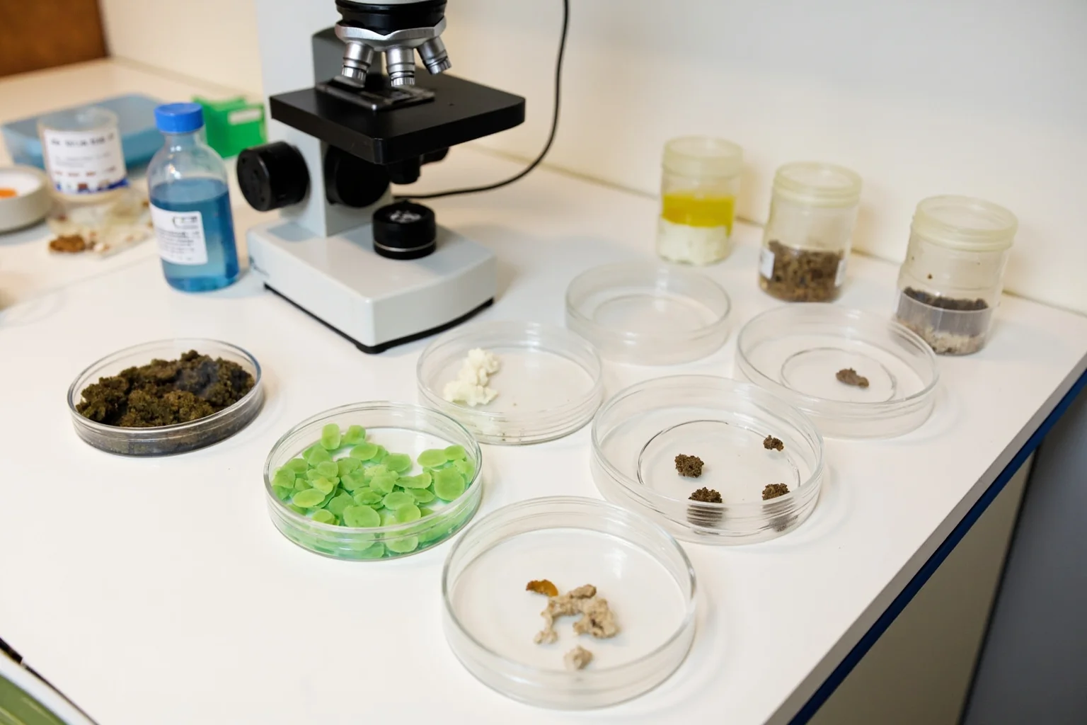 Laboratory petri dishes and microscope with fungal culture samples and soil containers