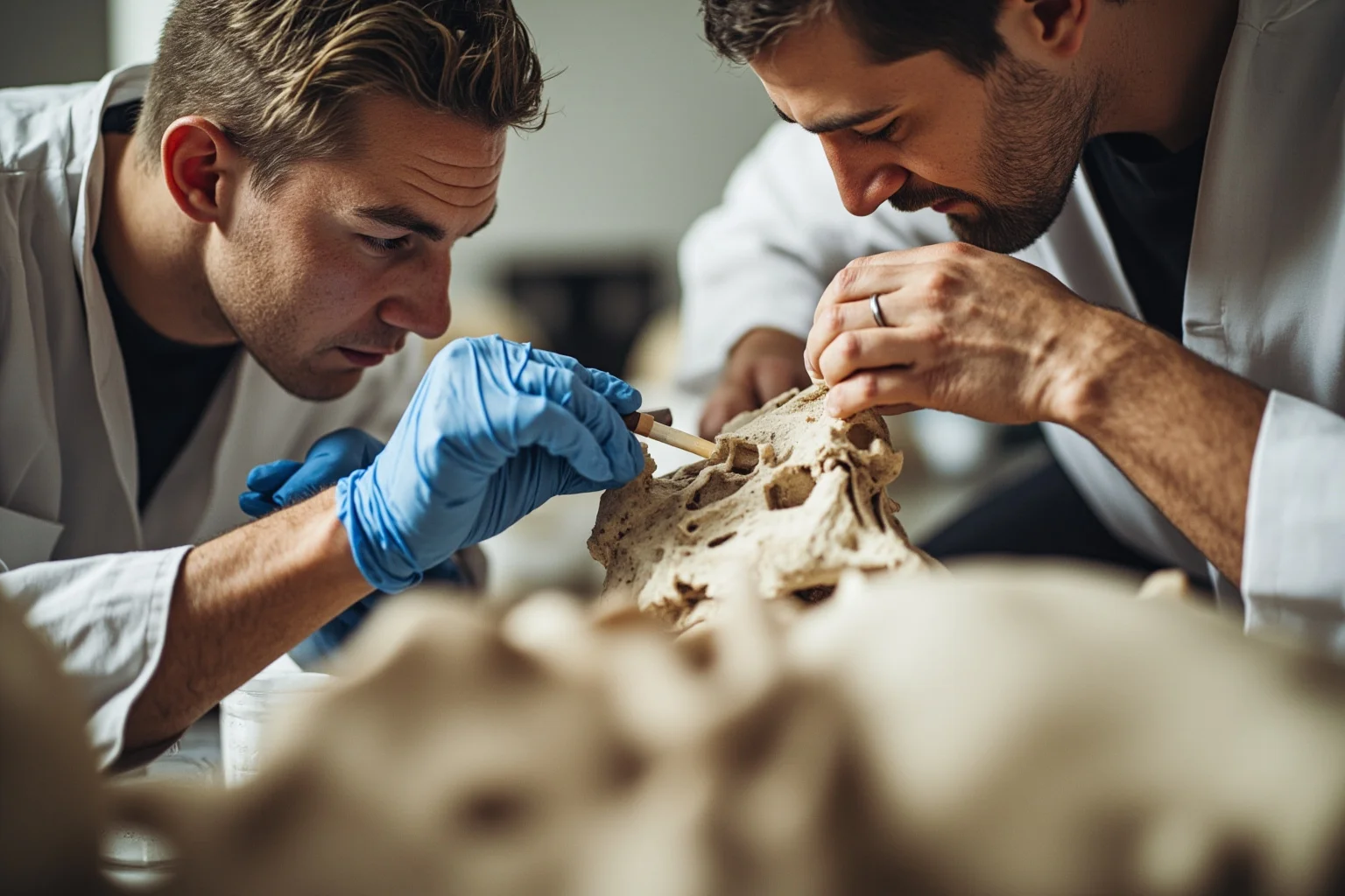 Laboratory scene with scientists examining medieval skeletal remains and extracting DNA samples from teeth