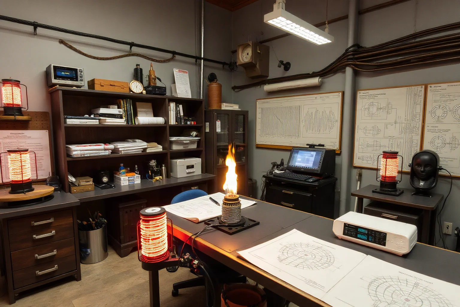 Laboratory workspace with Tesla coils, alternating current diagrams, wireless transmission apparatus, and technical blueprints
