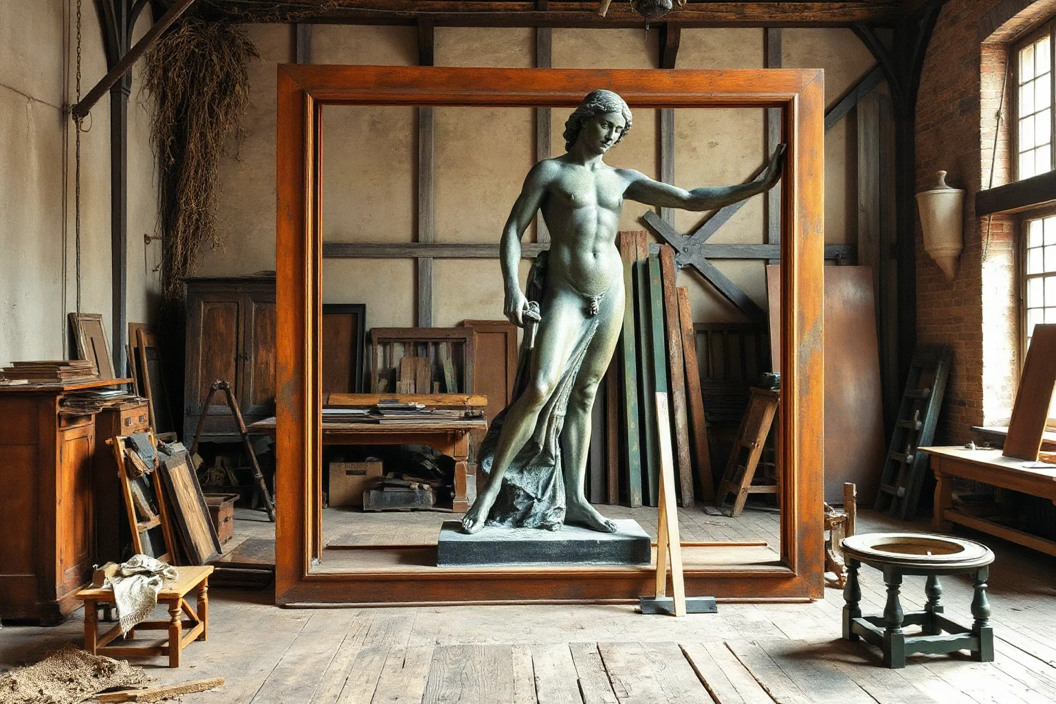 A 19th-century French sculptor's workshop with a large partially built copper statue frame, illustrative historical style