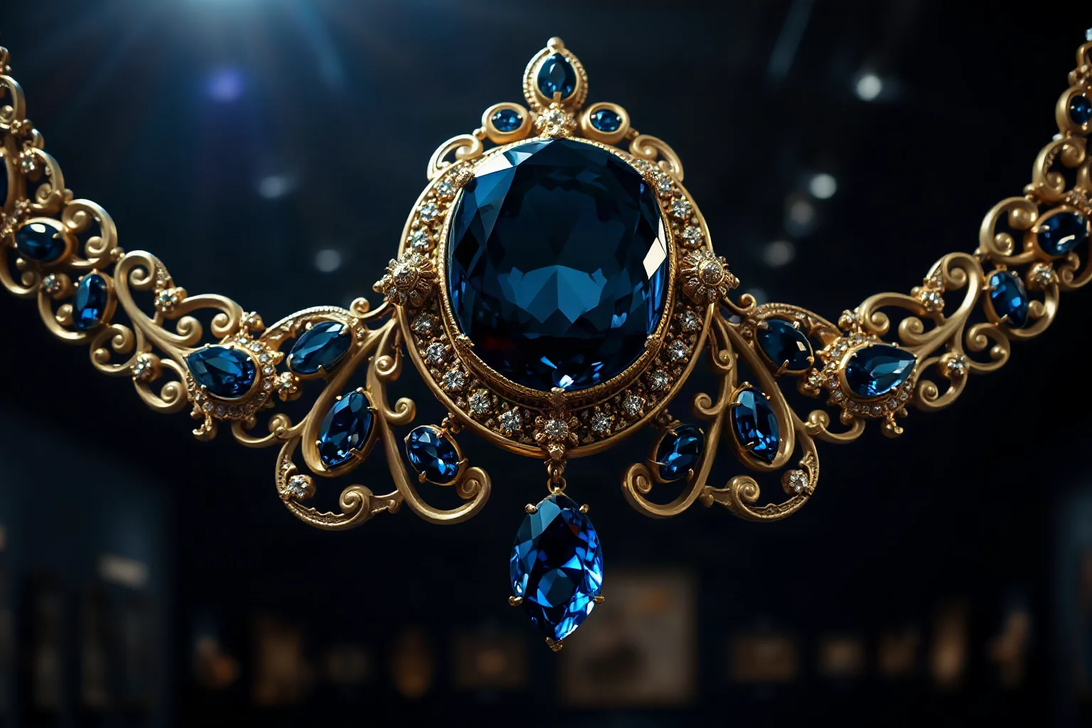Large deep blue diamond set in an ornate necklace under dramatic museum lighting
