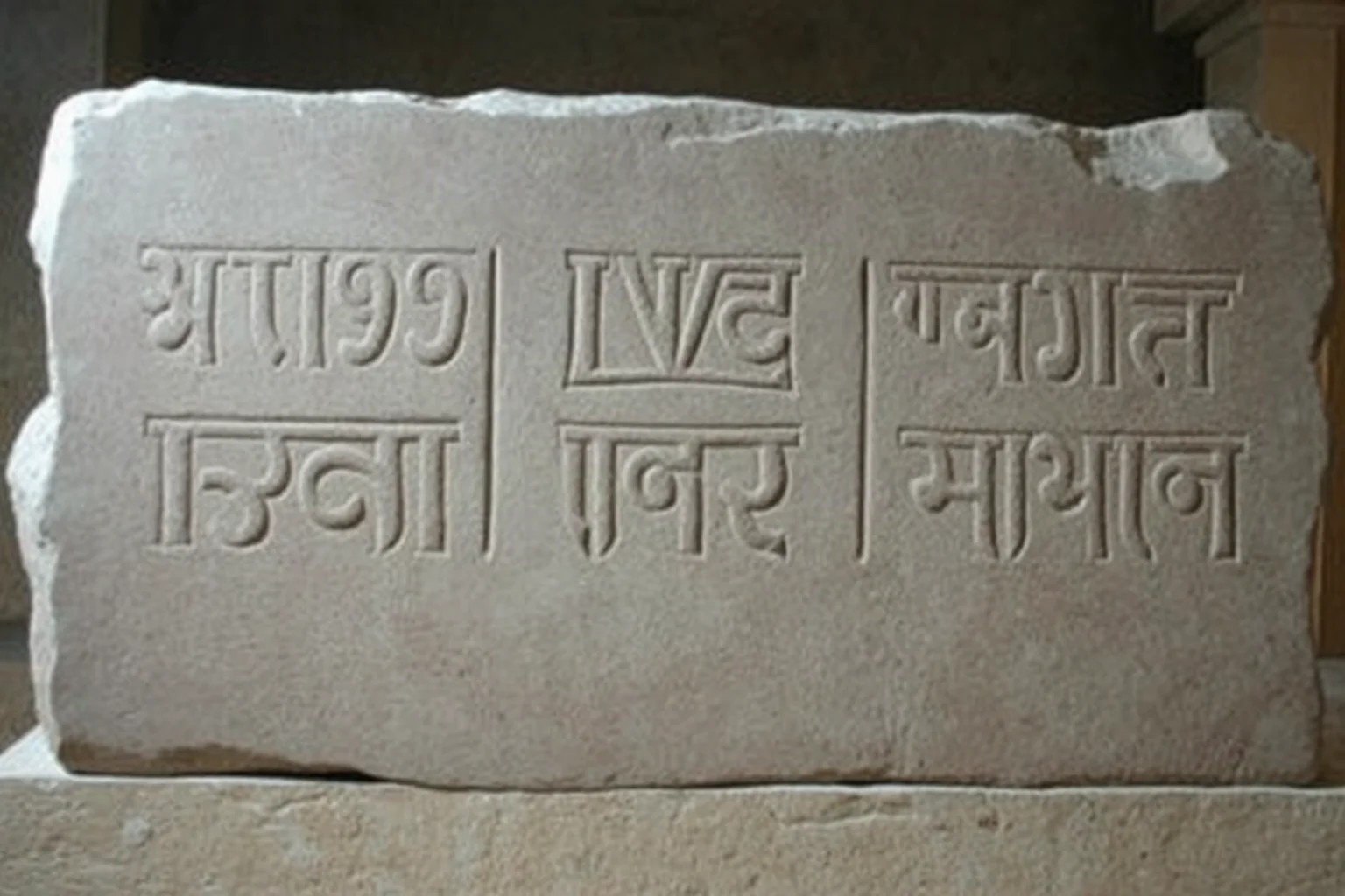 Large engraved stone slab with three different ancient scripts carved into its surface
