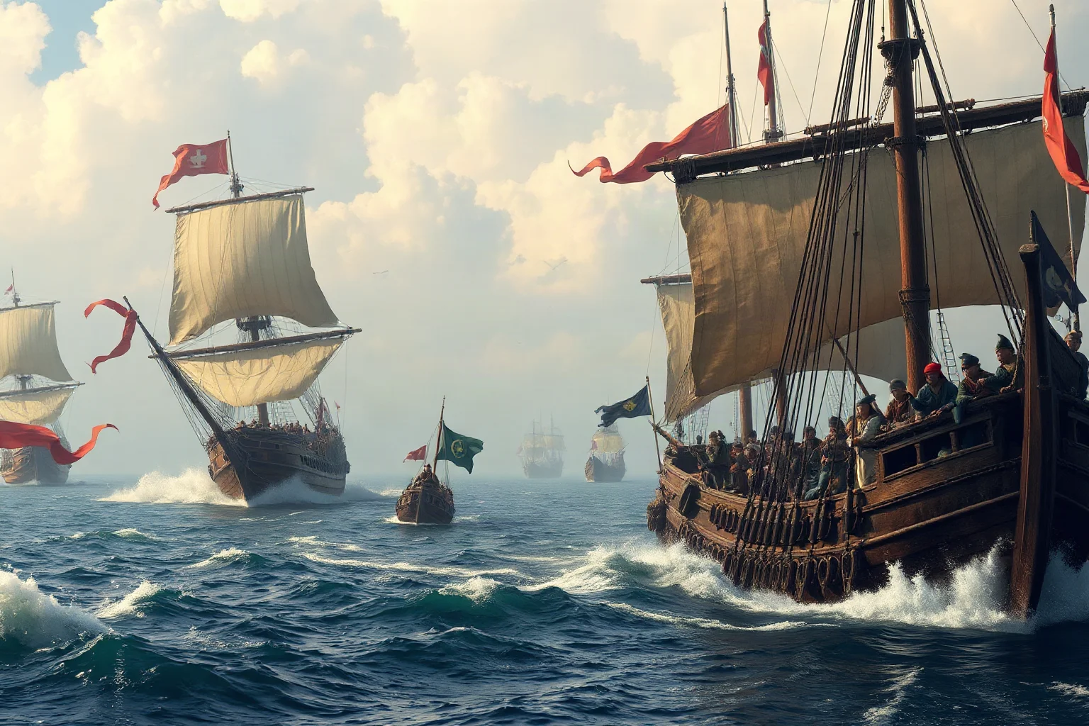 Large Ottoman and European galley ships engaged in naval combat, oars and cannons, Mediterranean sea battle in full chaos
