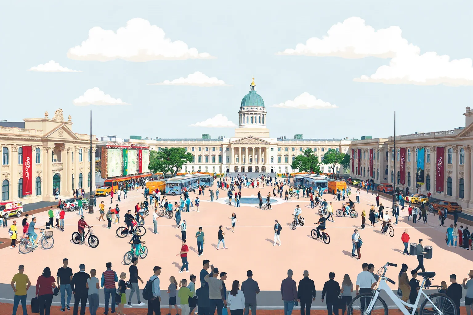 Large public square filled with a sea of people and bicycles, iconic government building in background, illustrative style