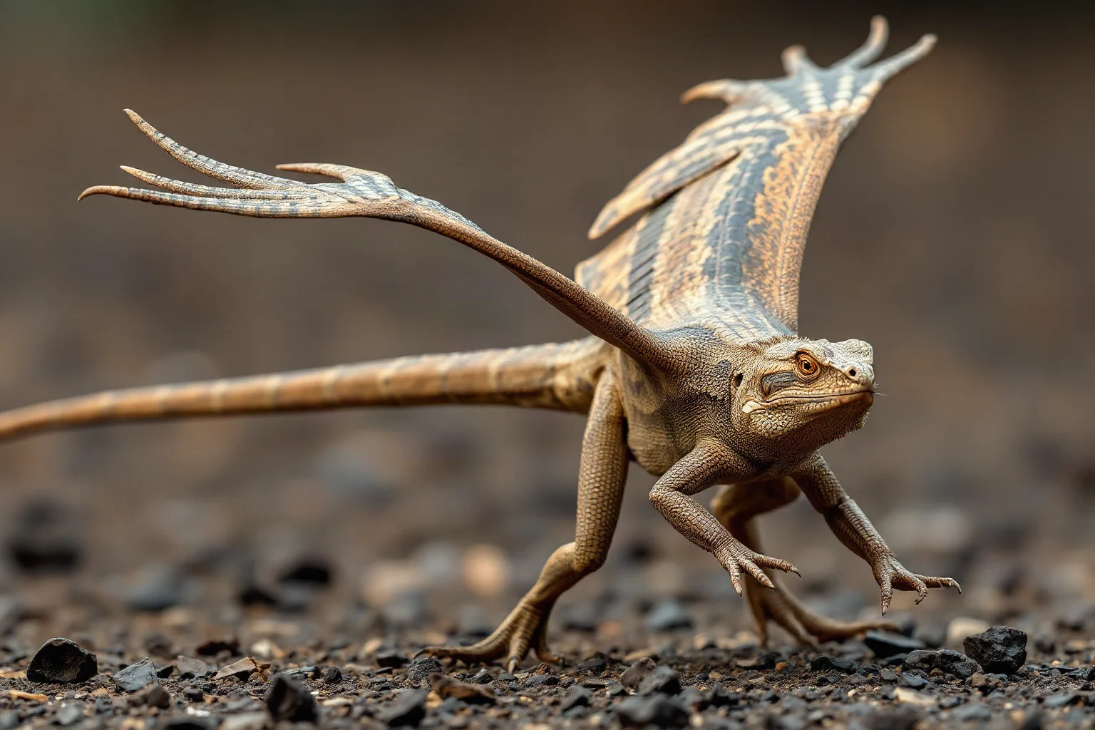 Large winged reptile attempting flight, cracked ground beneath heavy body, illustrating impossible flight physics