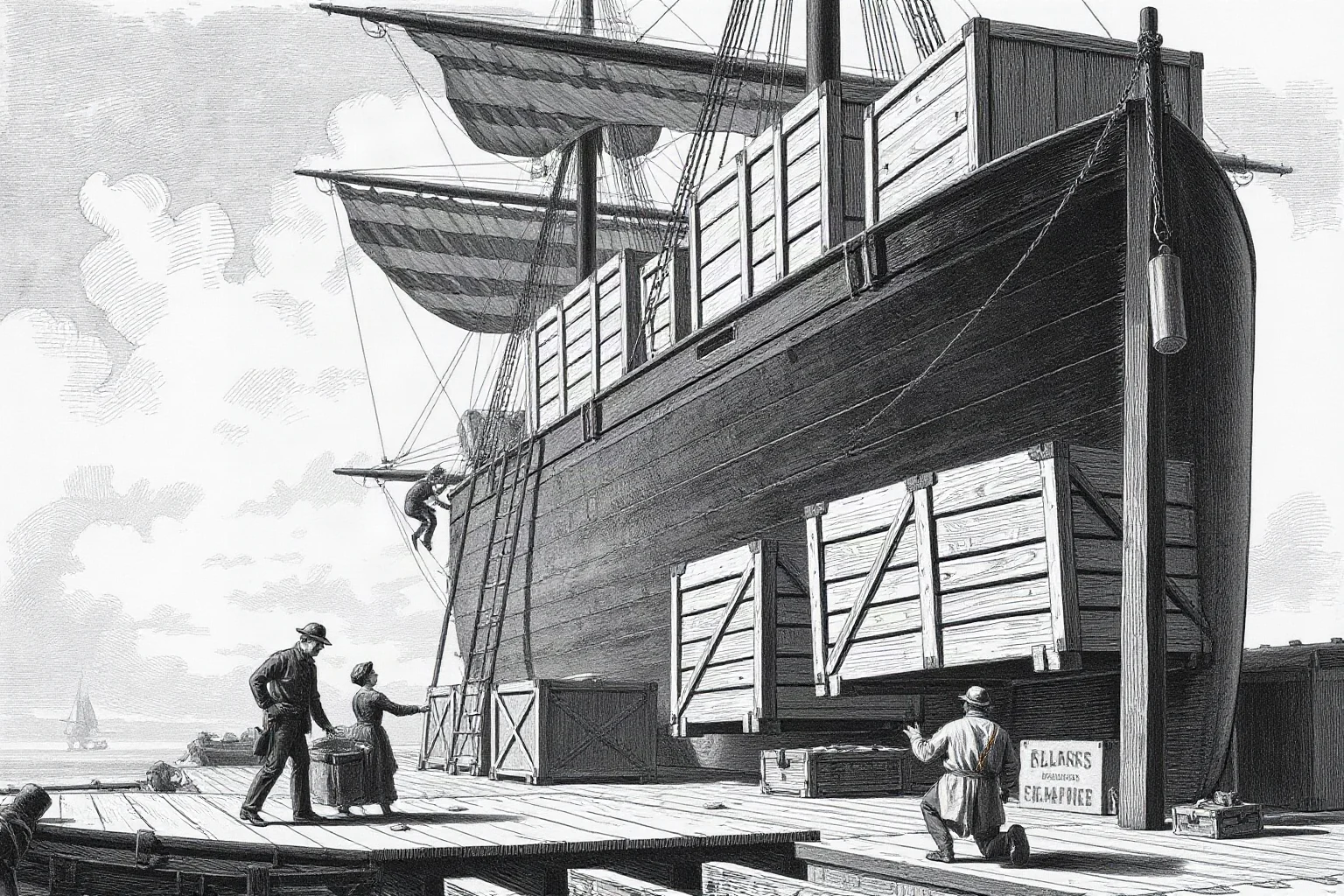 Large wooden crates being loaded onto a 19th-century sailing ship at a French dock, historical illustration
