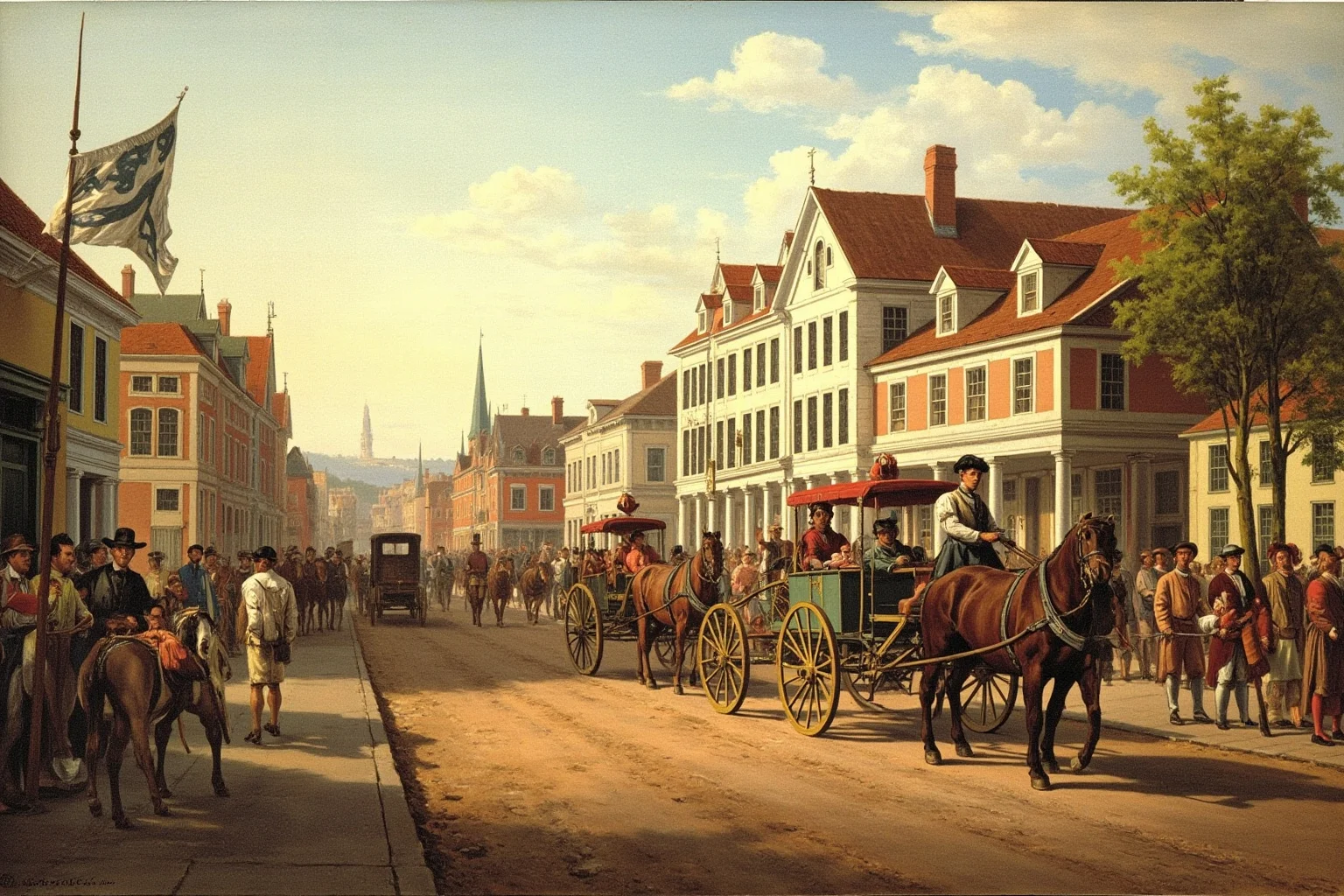 20 Deadliest Plagues That Shaped Human History 9 Late 1700s American colonial city street with horse carts and period architecture, historical painting style