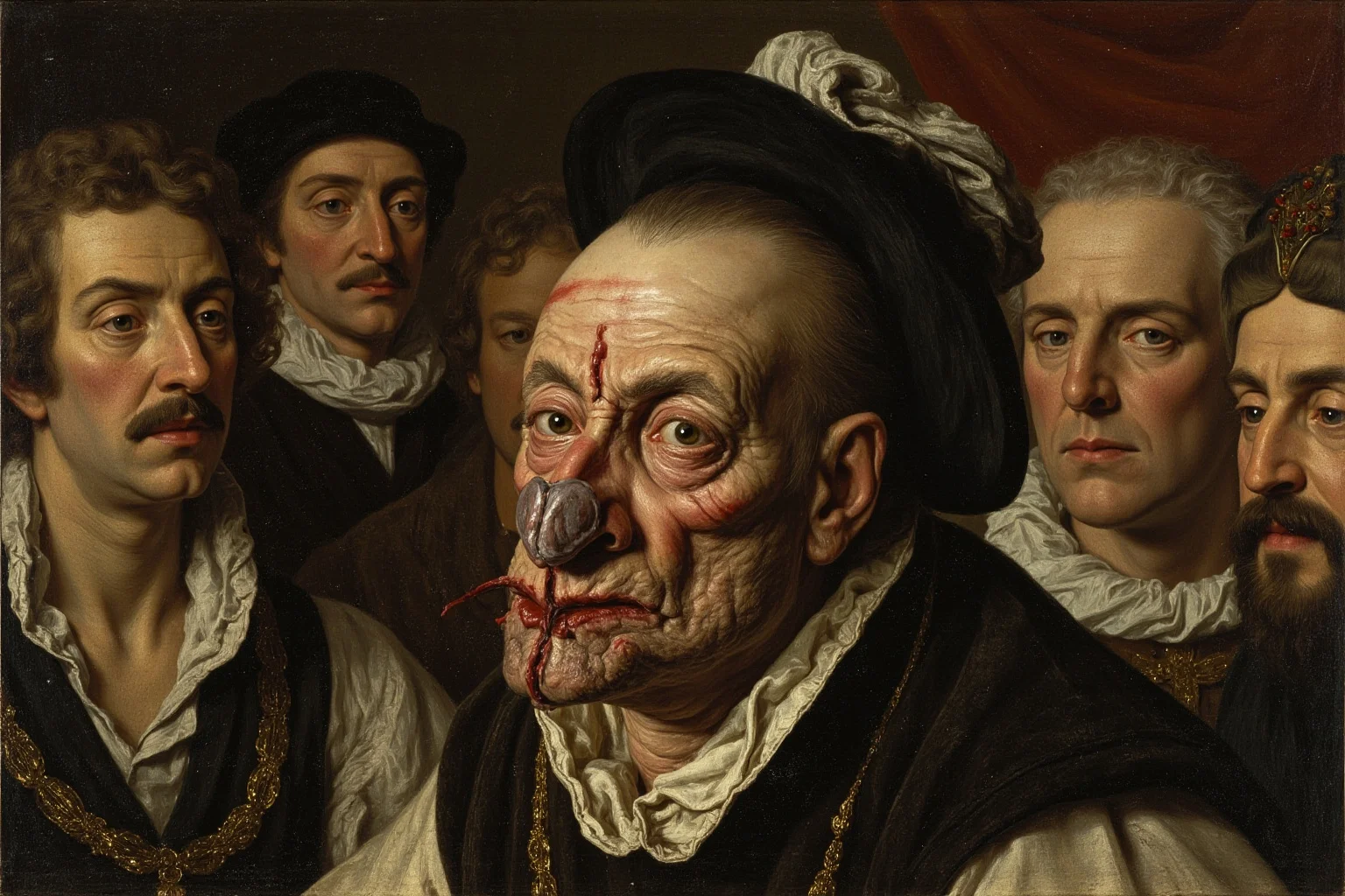20 of History's Most Infamous 'Ugly' Figures — Myth vs. Reality 7 Late 17th century Spanish Habsburg ruler with extreme mandibular prognathism, pale and sickly appearance, surrounded by royal physicians
