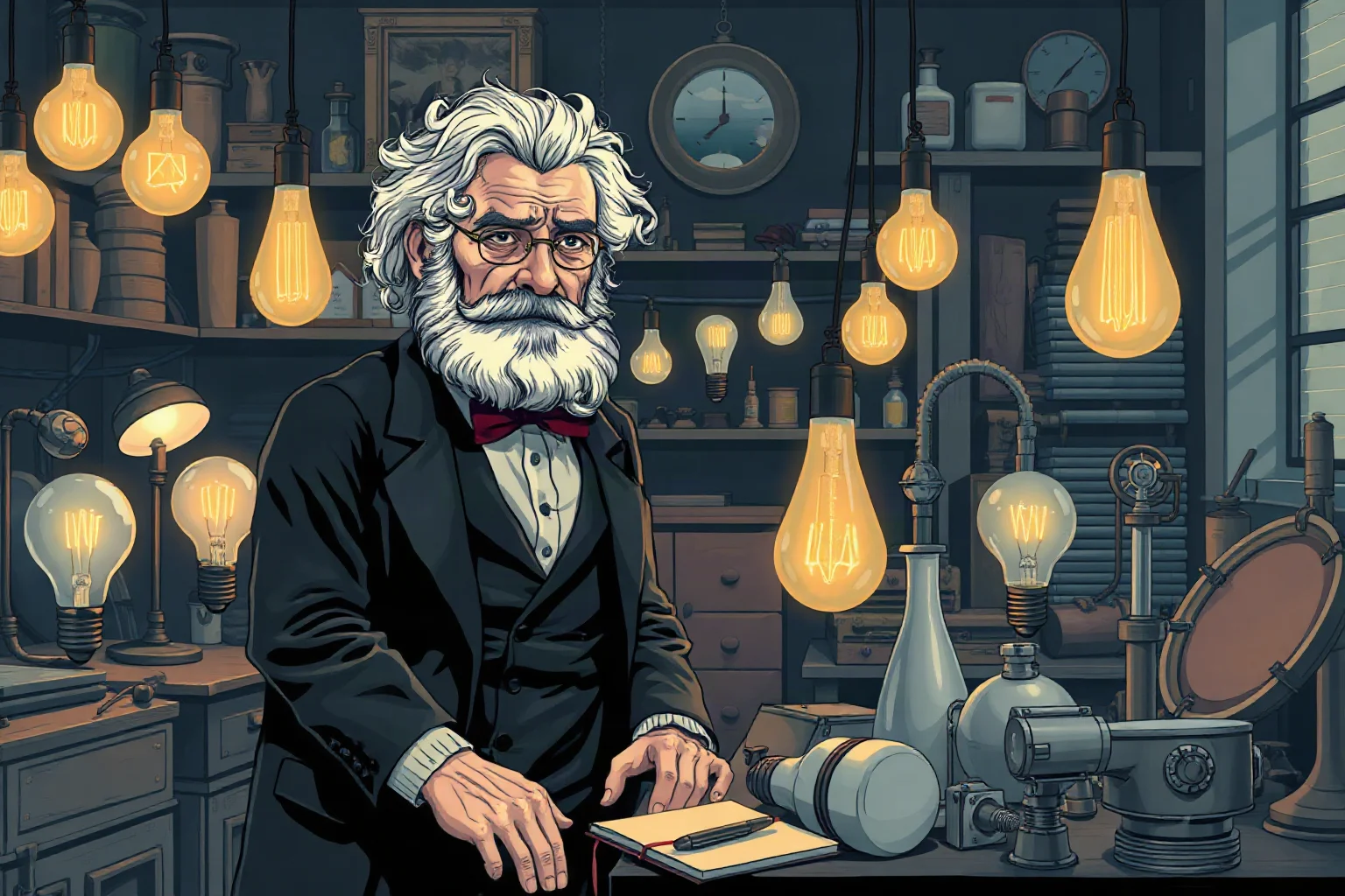 Late 1800s inventor in a workshop surrounded by early light bulbs and lab equipment, illustrated style