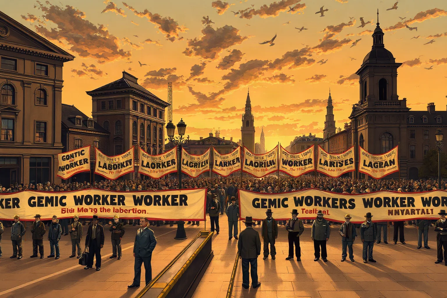 Late 1800s labor rally in a city square at dusk with banners reading generic worker slogans, illustrative style