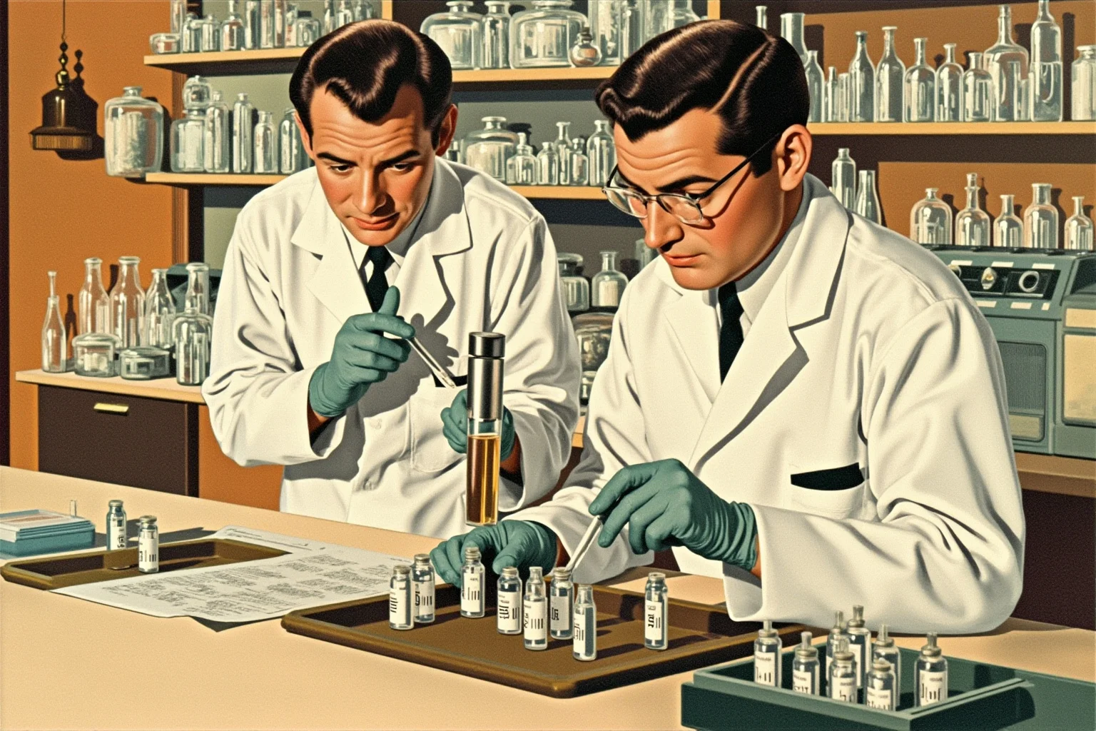 20 Deadliest Plagues That Shaped Human History 17 Late 1950s laboratory scene with scientists examining vials, mid-century vintage illustration style