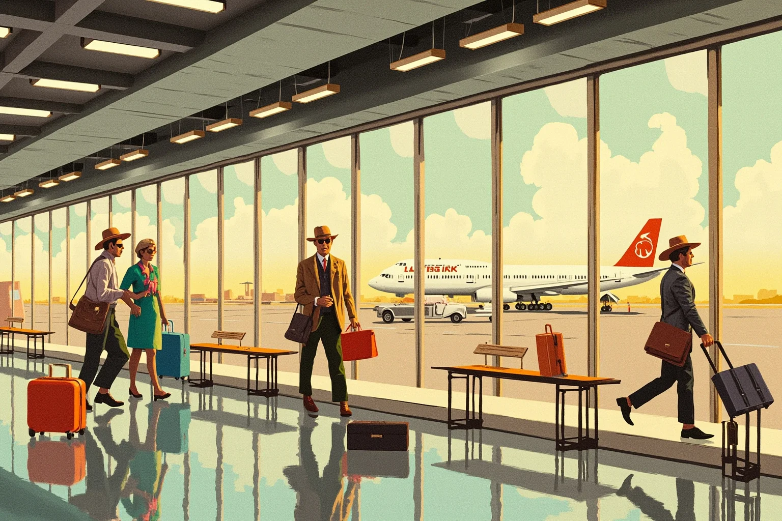20 Deadliest Plagues That Shaped Human History 18 Late 1960s airport terminal with travelers and luggage, retro vintage illustration style