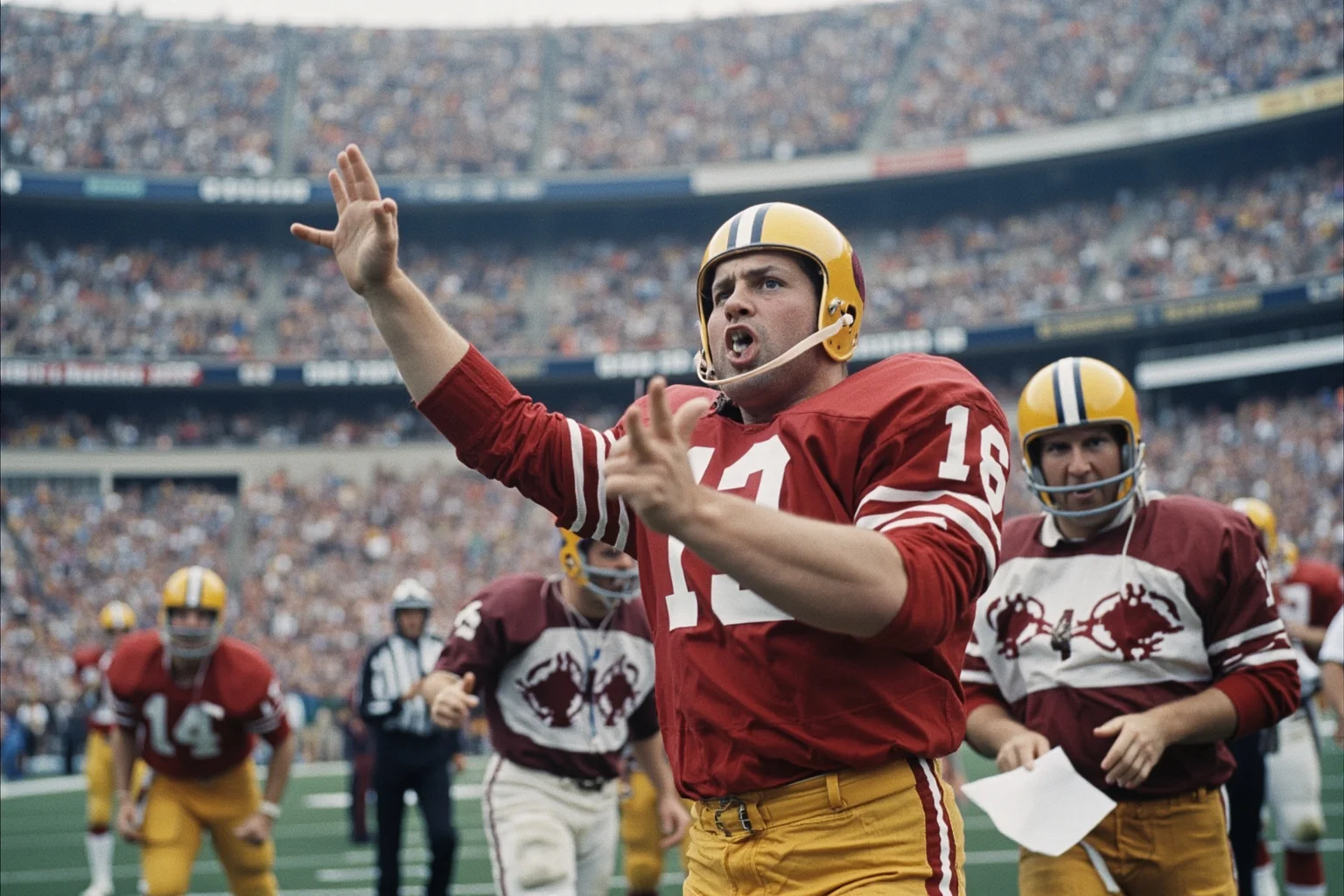 Biggest Blowouts in Sports History 17 Late 1960s American football stadium, an underdog team's quarterback celebrating after a championship upset
