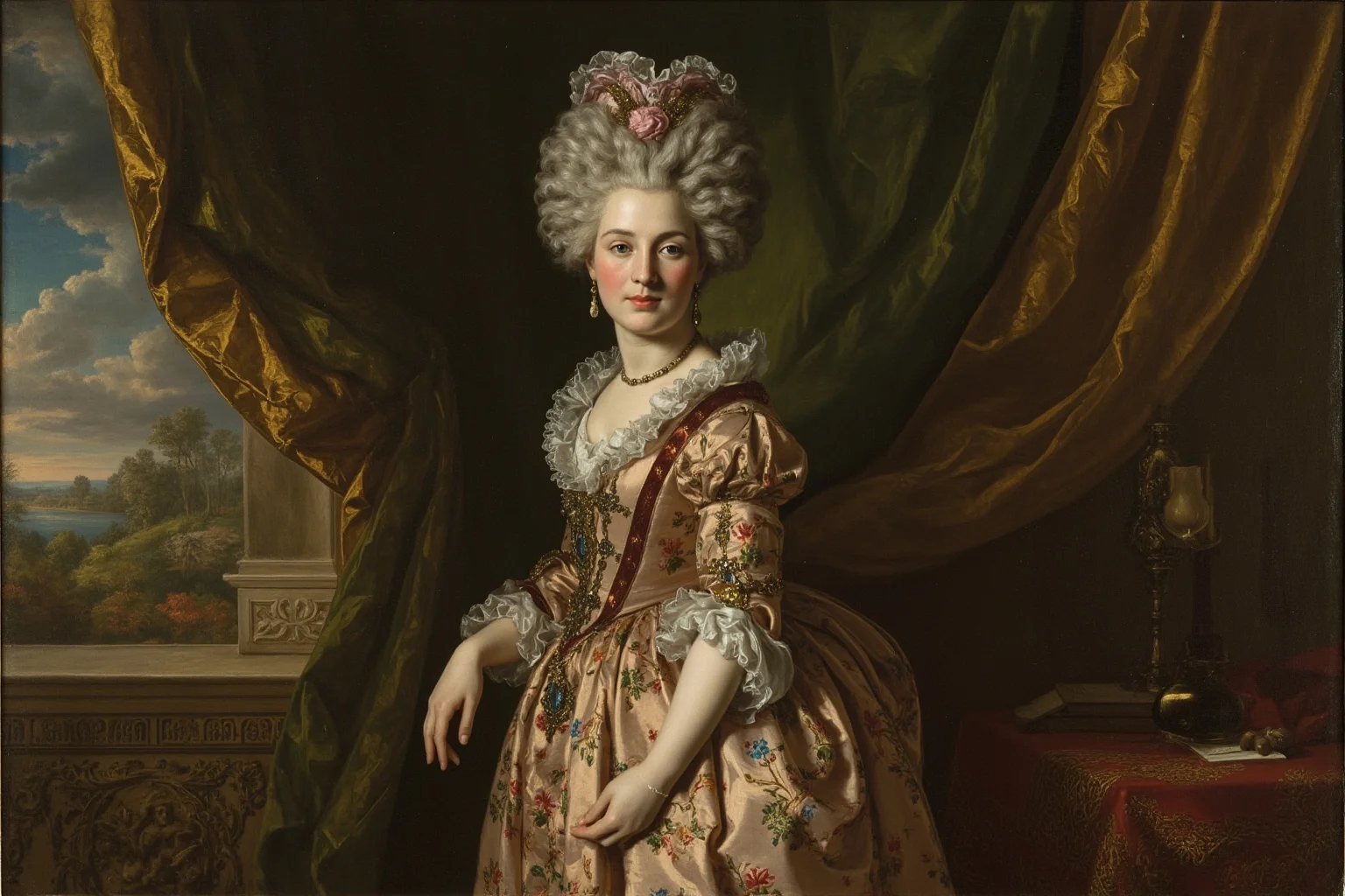 Lavish 18th century portrait of a French queen in an elaborate powdered wig and silk gown, standing in a palace garden