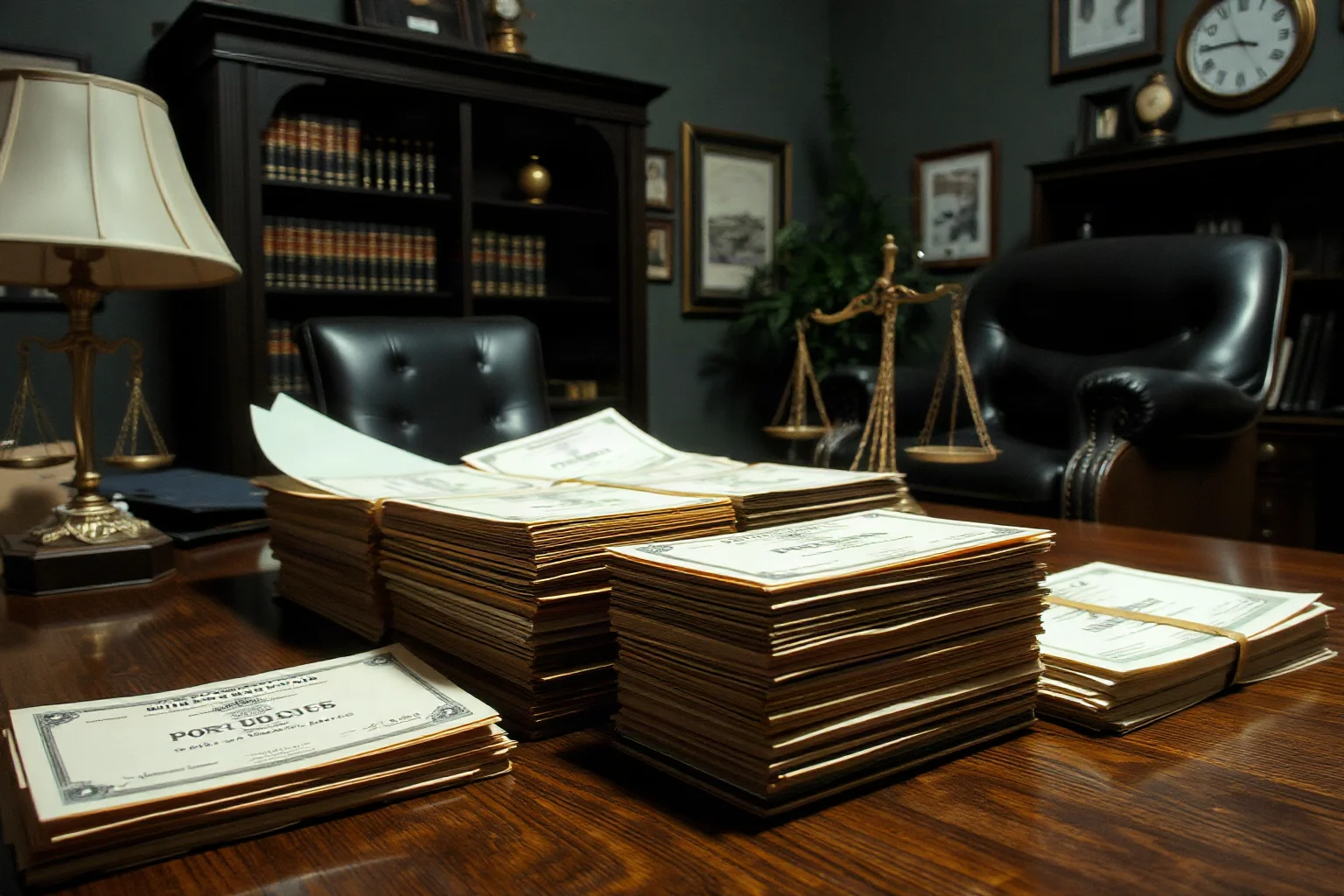 Lawyer's office at night with stacks of forged promissory notes on the desk