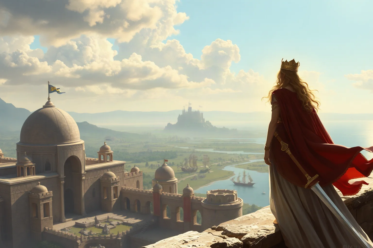 Legendary beautiful queen standing on the walls of an ancient city overlooking distant ships, classical mythological illustration