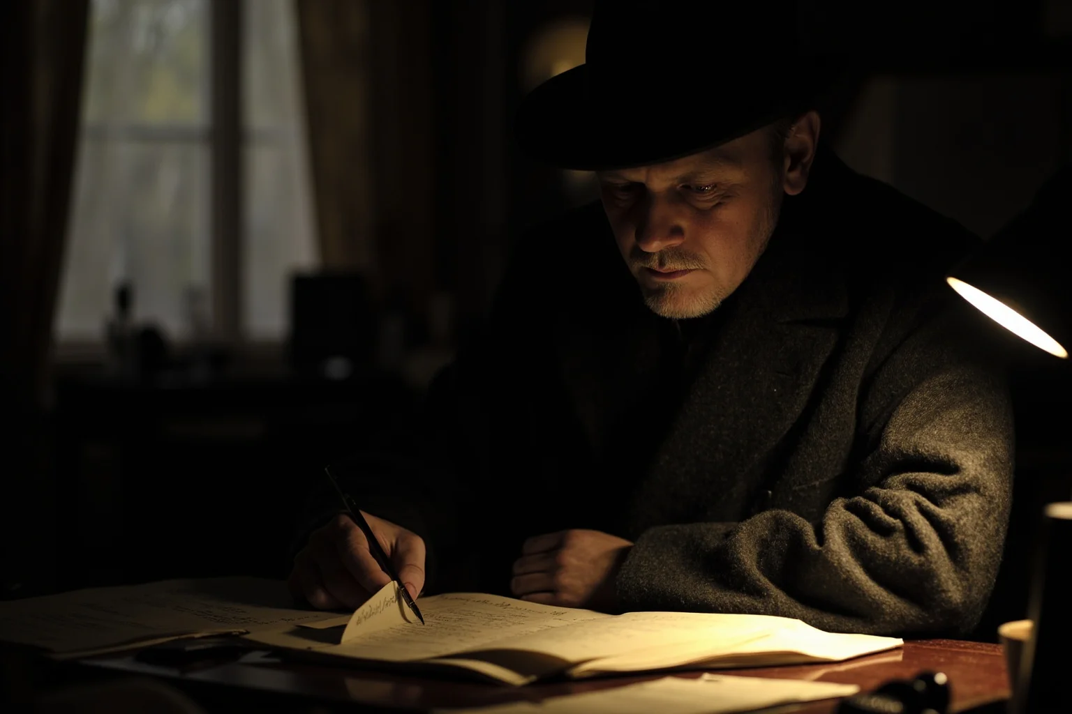 Legendary Cases Involving the Pinkerton Detective Agency 2 A 19th-century detective in a dark coat examining ledgers and documents by lamplight in a Victorian office