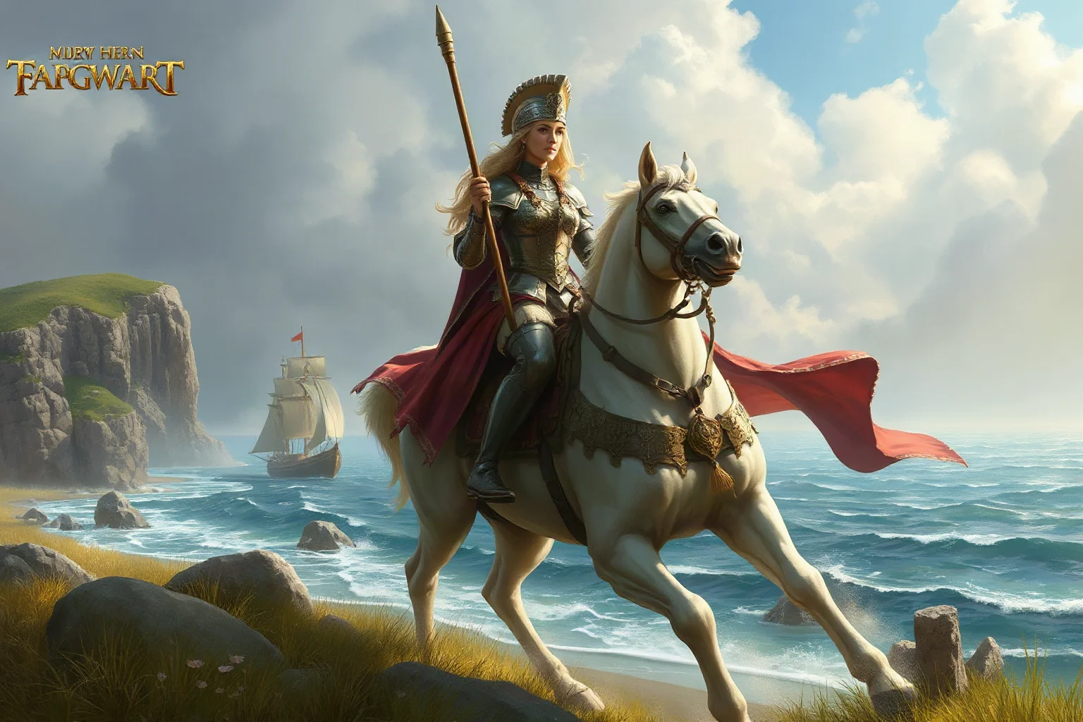 Legendary female warrior queen on horseback wearing armor near the shores of a distant sea, mythological illustration