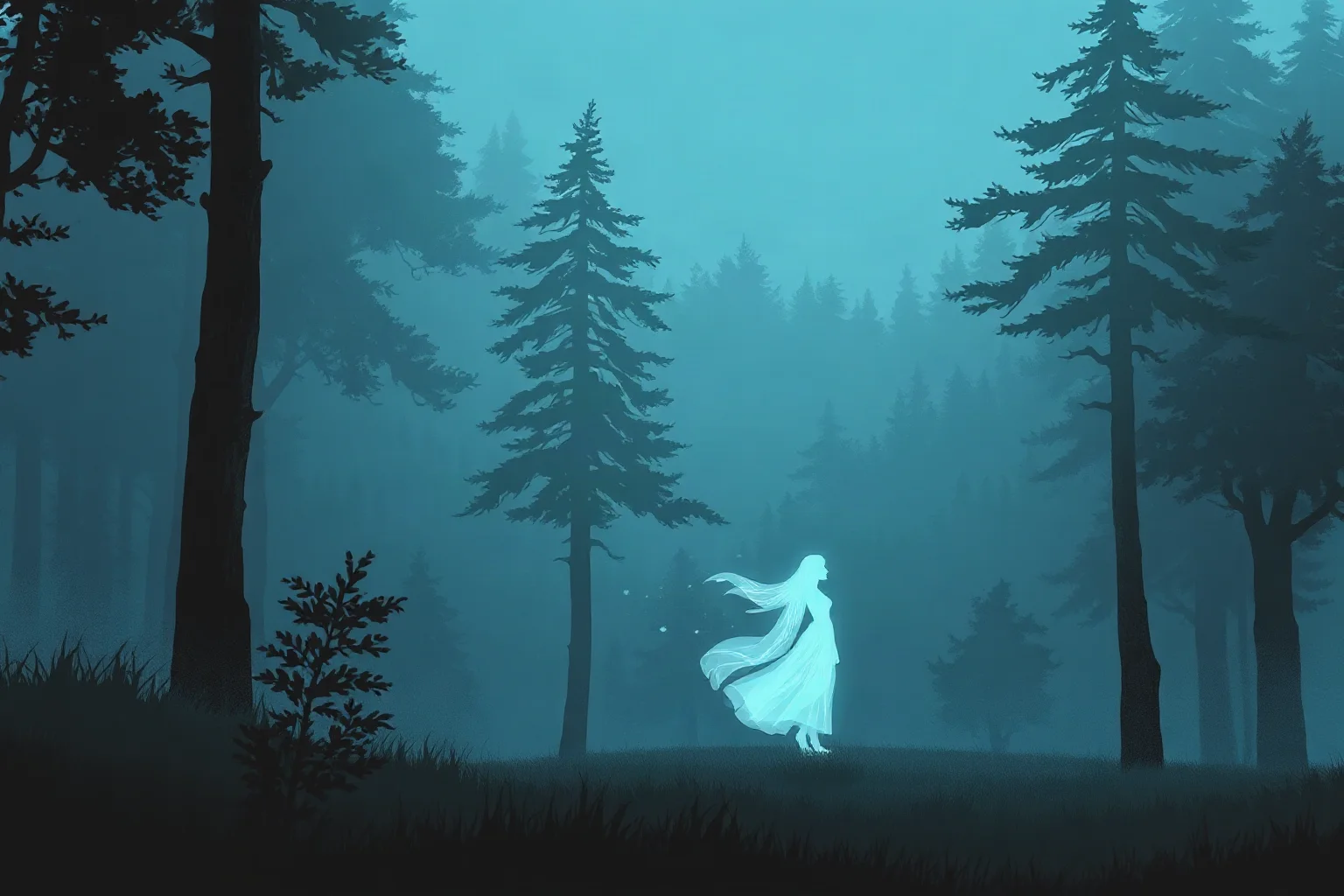 A translucent woman in a flowing white dress standing in a foggy forest clearing at night, ghostly and ethereal, safe-for-work illustration style