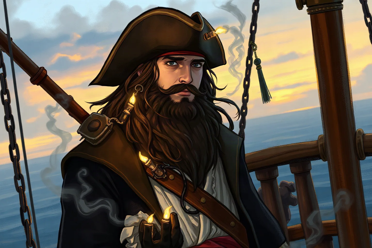Illustrated 18th-century pirate captain with a thick dark beard woven with smoking fuses, standing on a wooden ship deck at dusk, painterly style